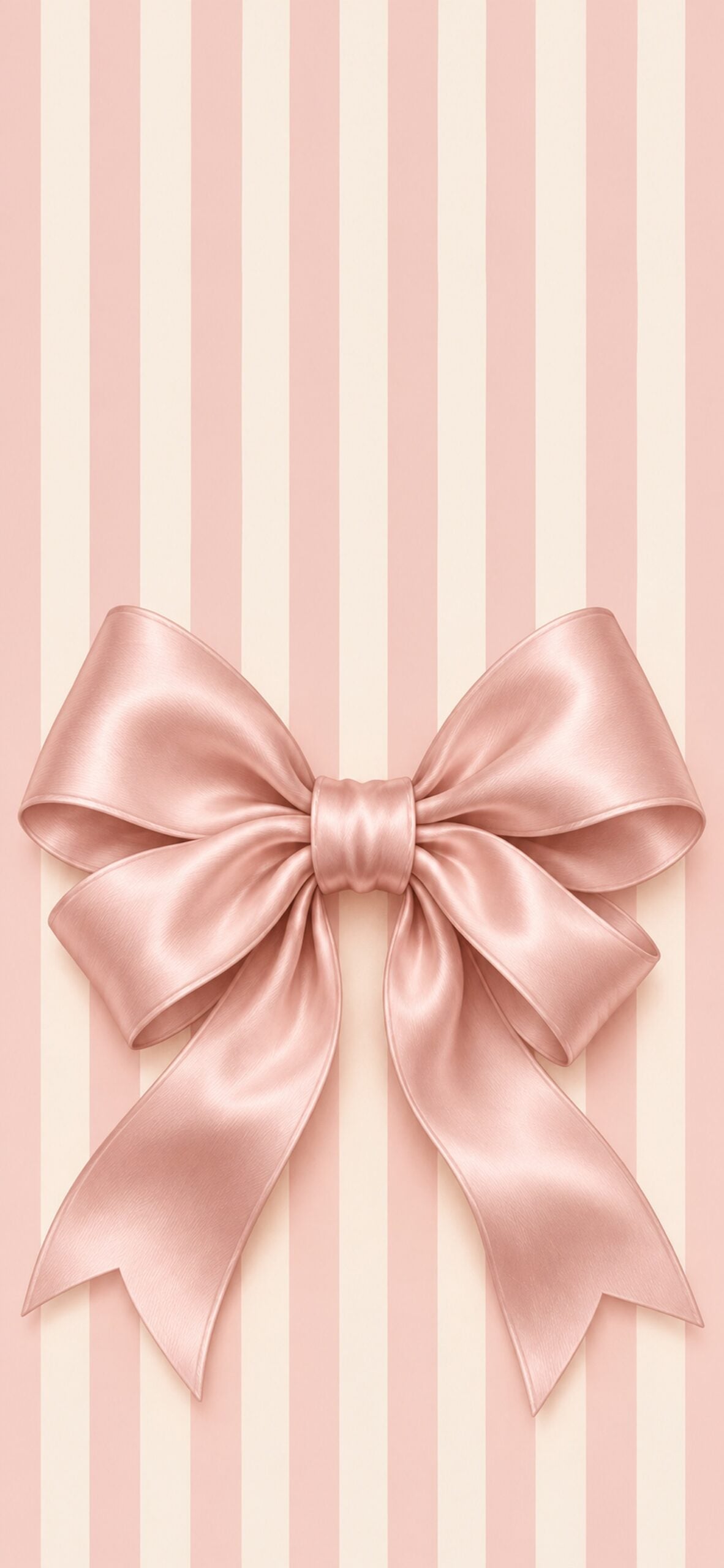 Large pink satin bow over vertical pink-and-cream candy cane stripes.