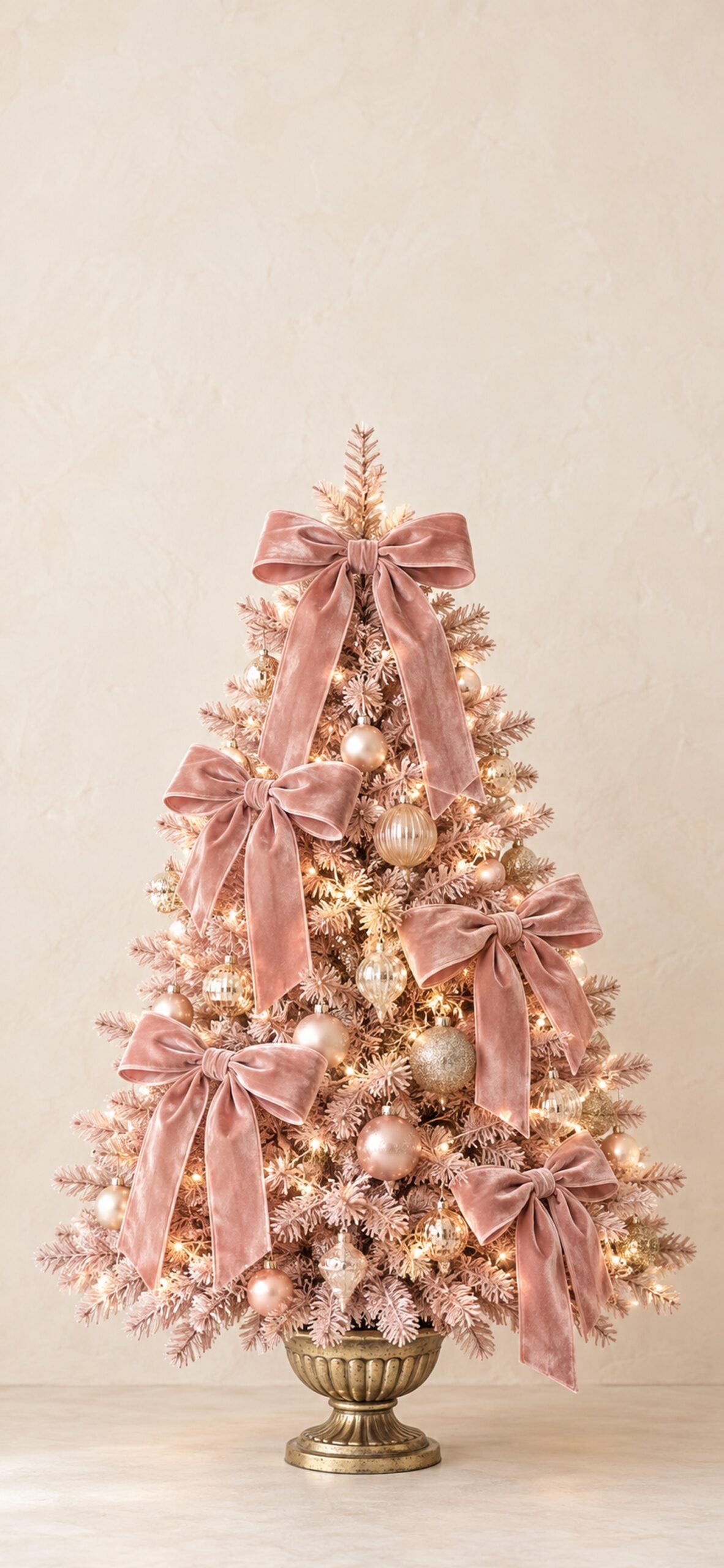 Blush Christmas tree decorated with pink velvet bows and warm white lights against a cream background.