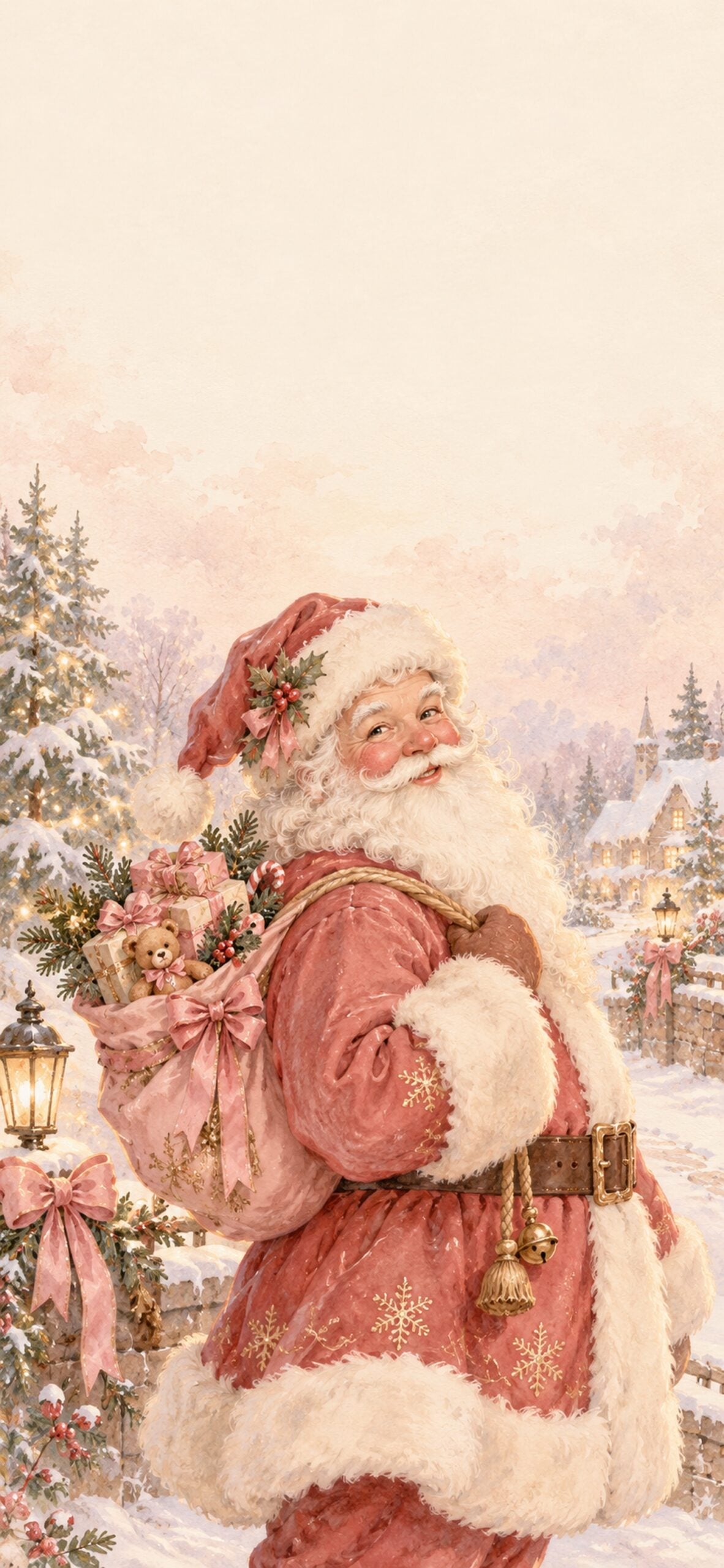 Vintage-style Santa illustration with dusty rose accents on lightly textured cream paper.