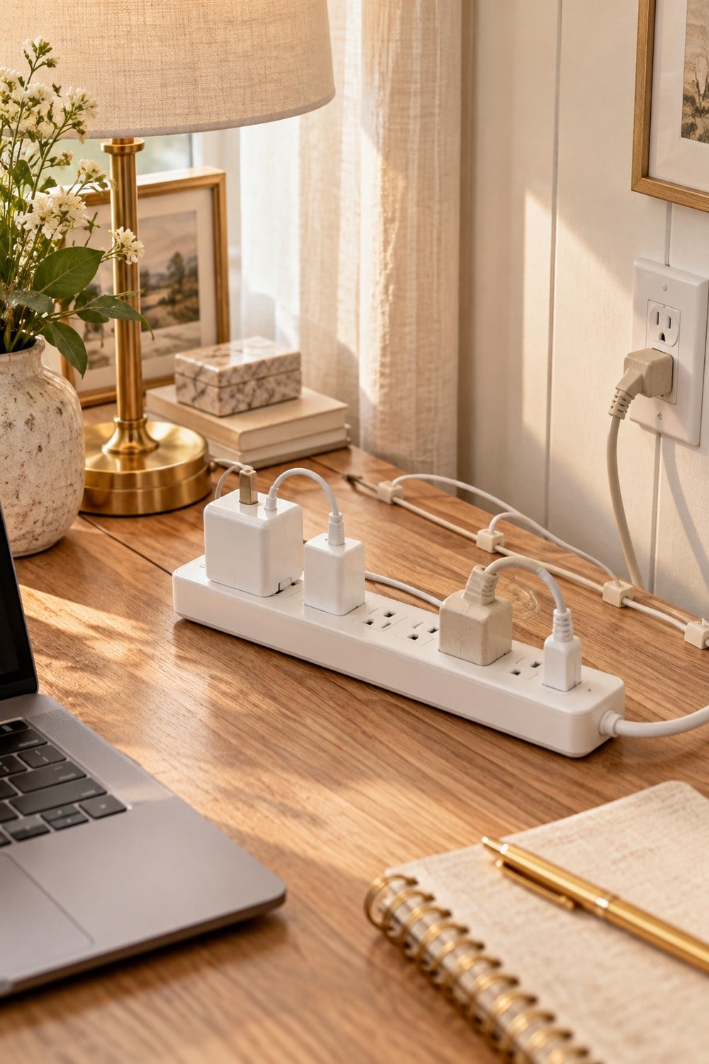 White power strip with multiple chargers and spaced outlets on a wooden home office desk.