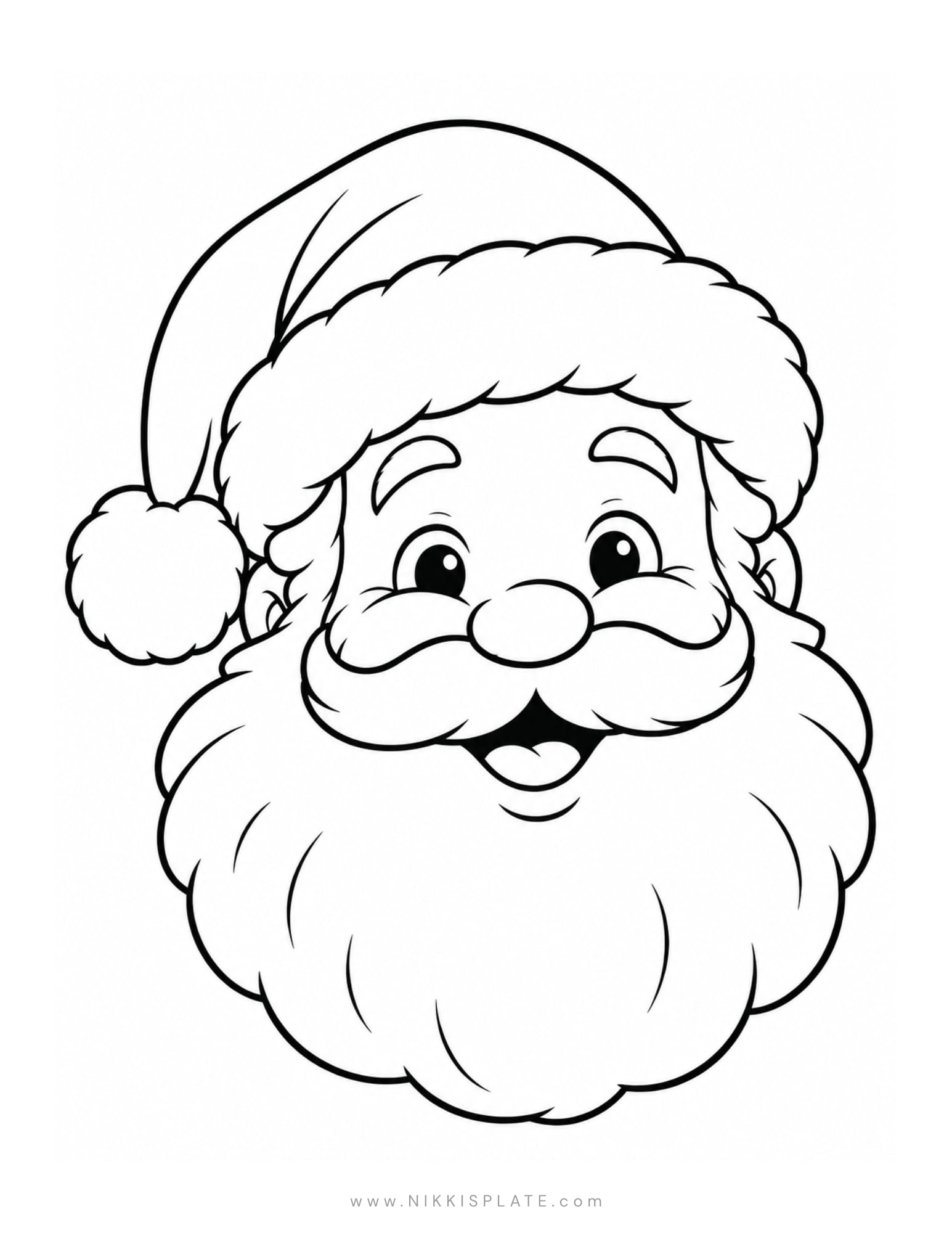 Easy Santa coloring page featuring a smiling Santa with a fluffy beard and floppy Christmas hat.