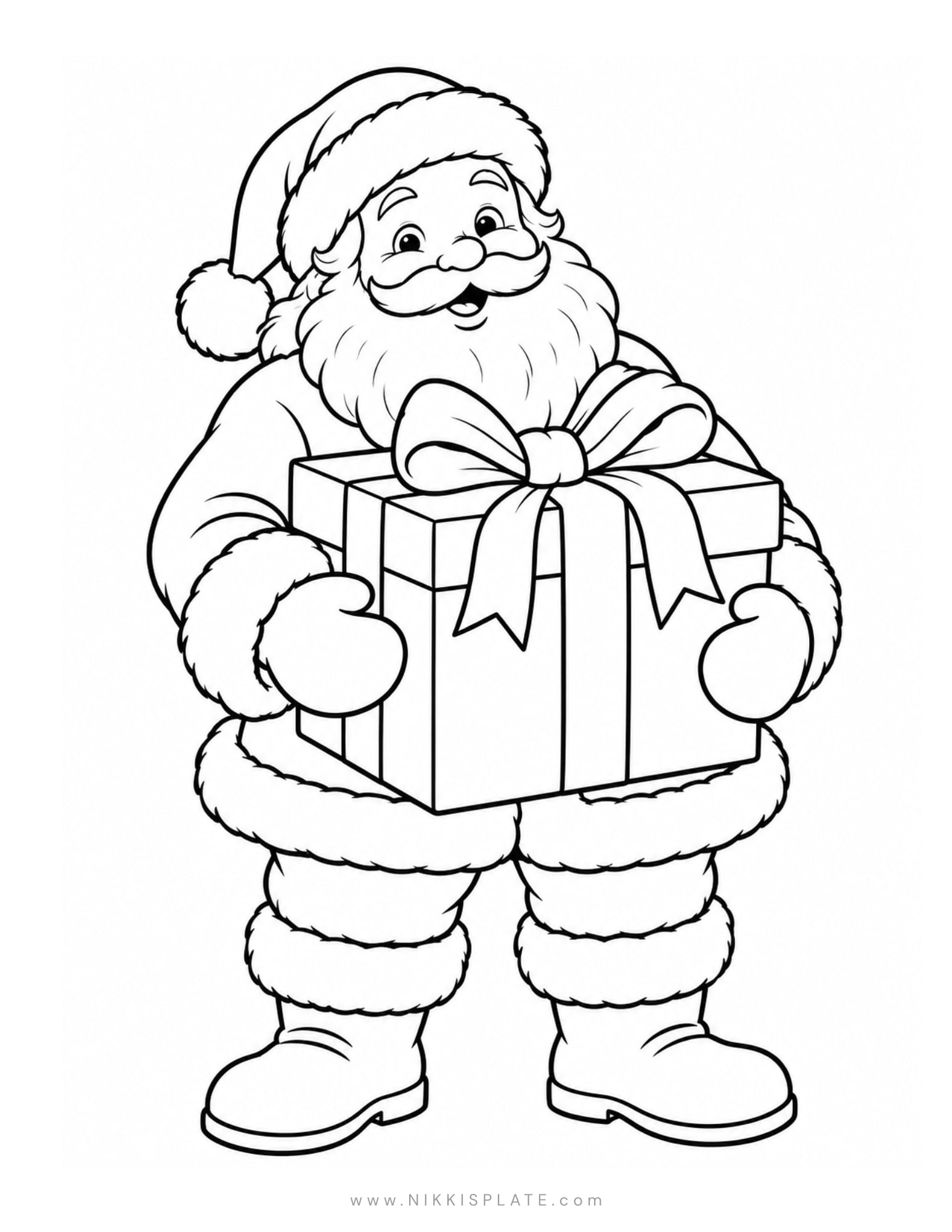 Printable Santa coloring page showing Santa holding a large wrapped Christmas present.