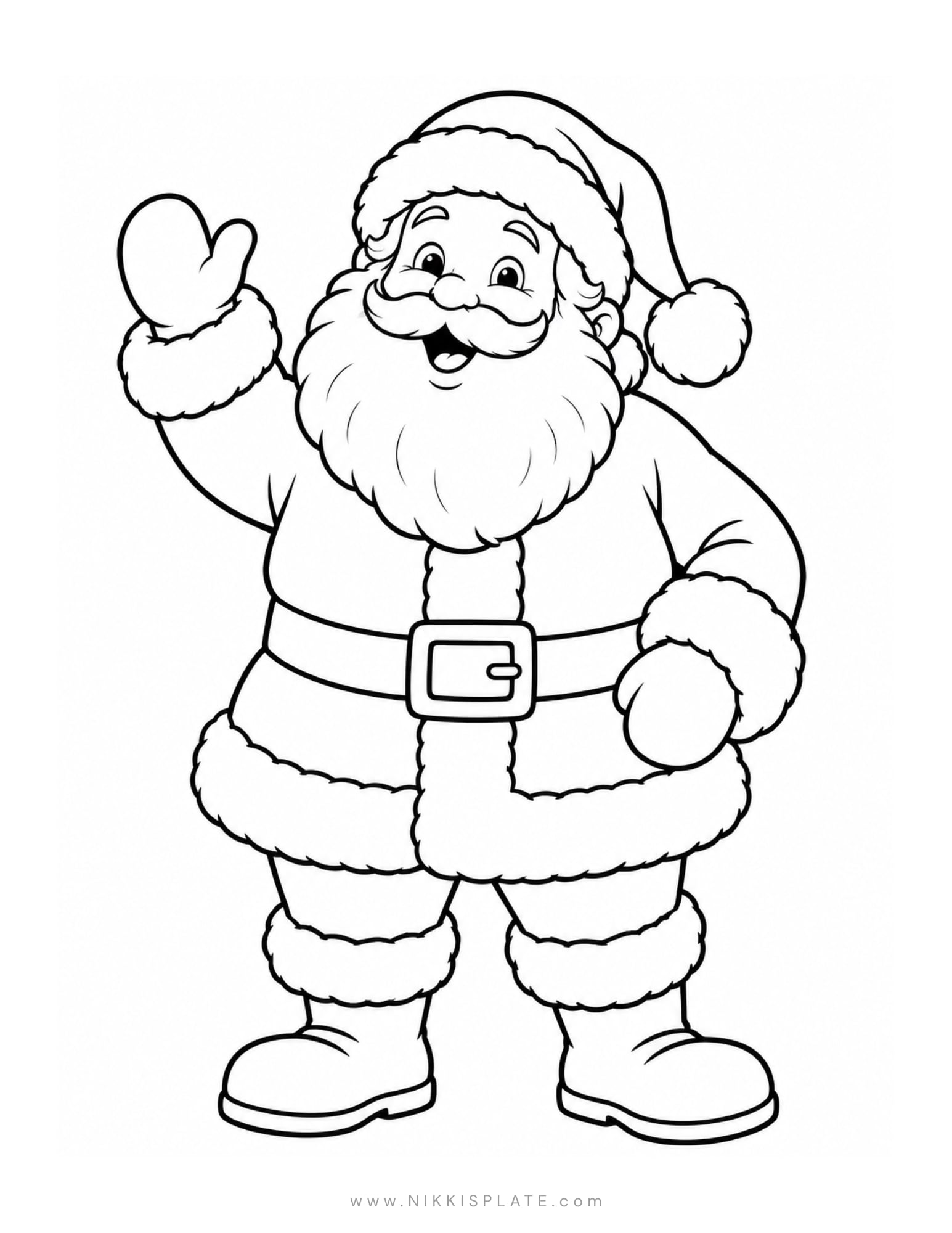 Simple Santa Claus coloring page featuring Santa waving with one mittened hand.