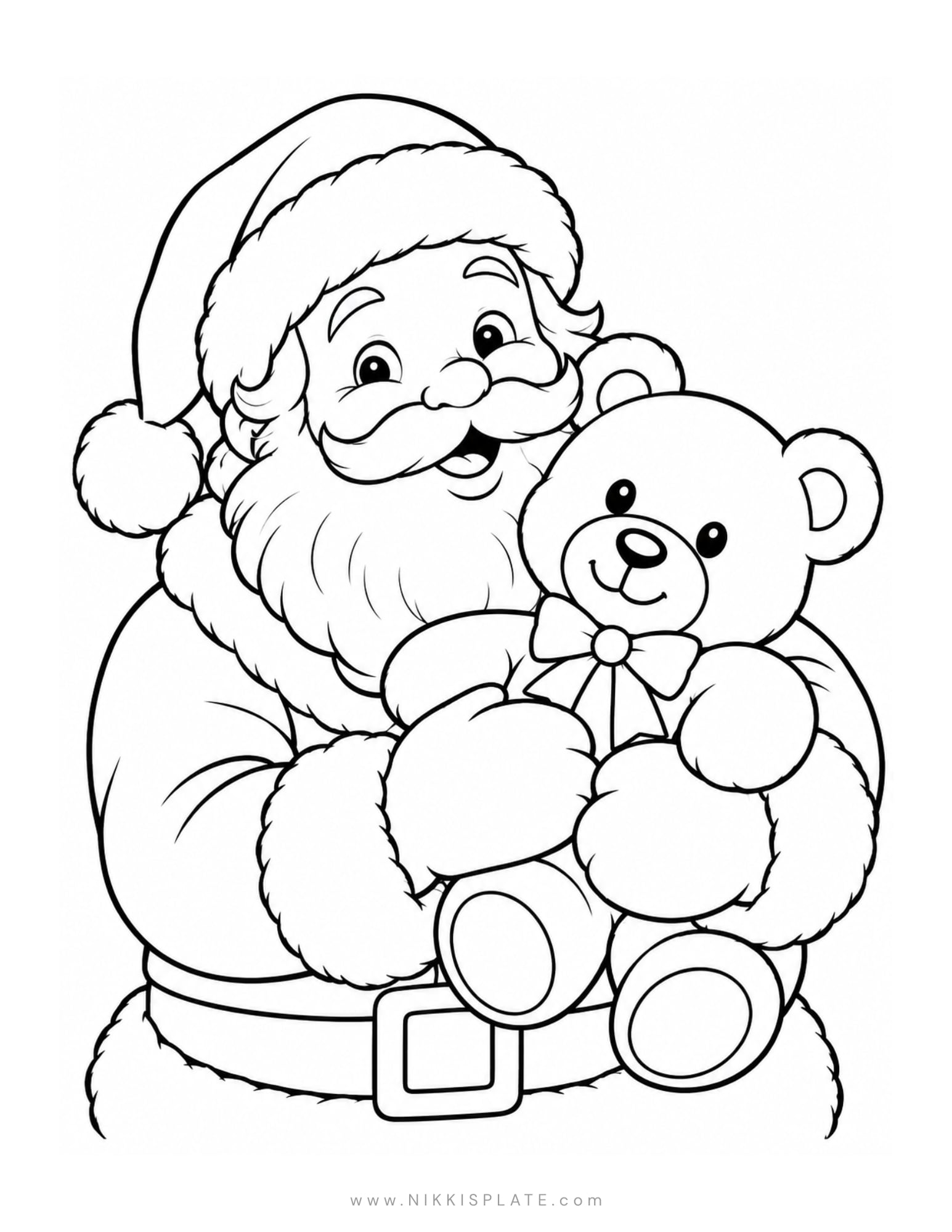 Cute Santa coloring page showing Santa hugging a teddy bear.