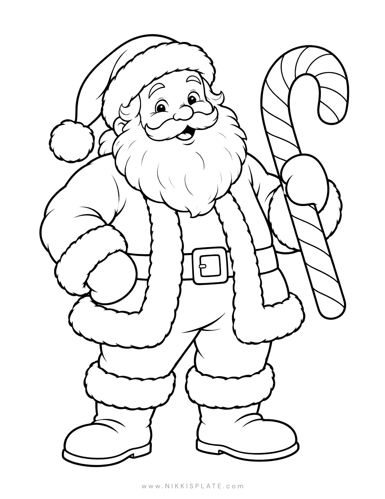 Easy Santa coloring sheet featuring Santa holding a large striped candy cane.