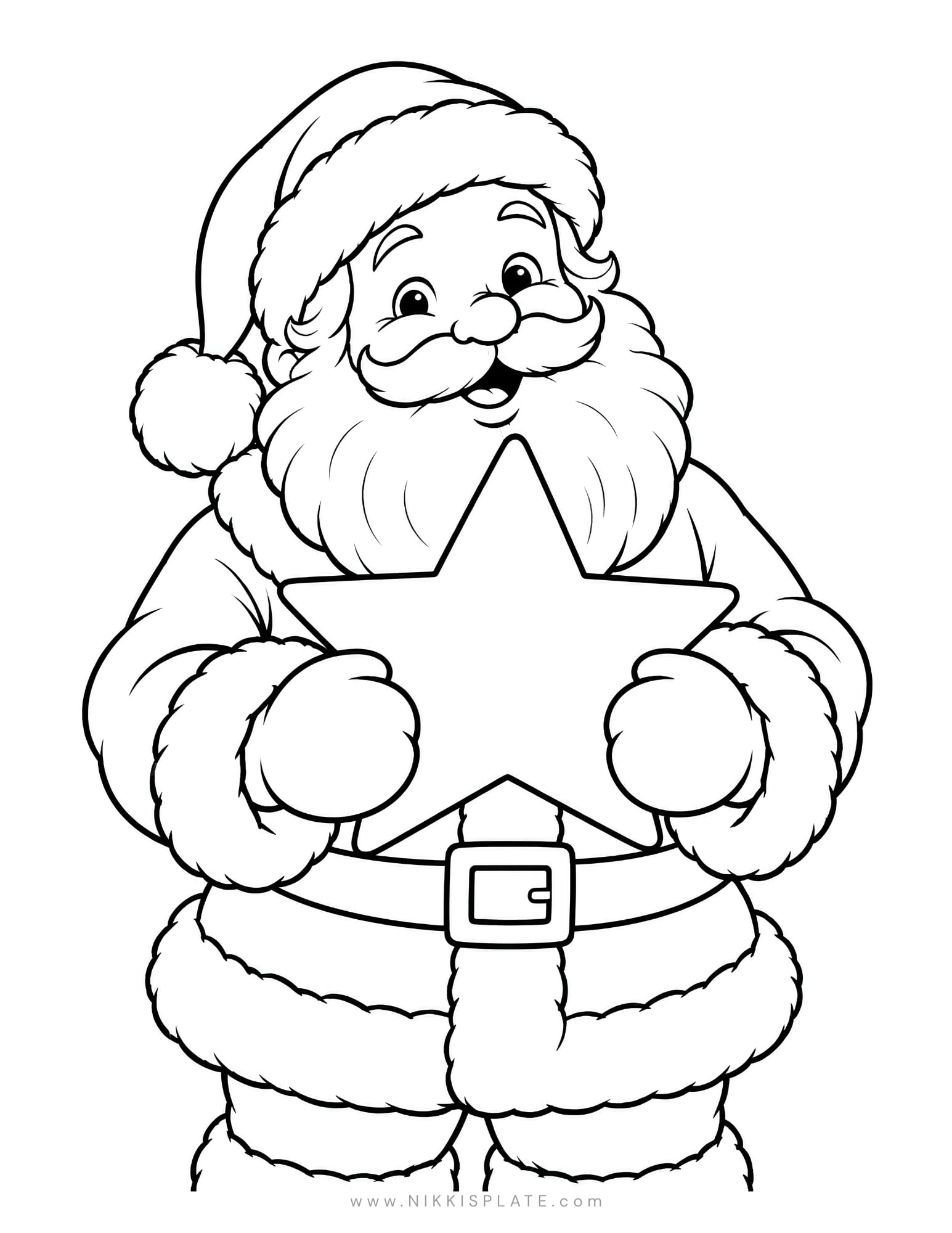 Printable Santa coloring page showing Santa holding a large five-pointed Christmas star.