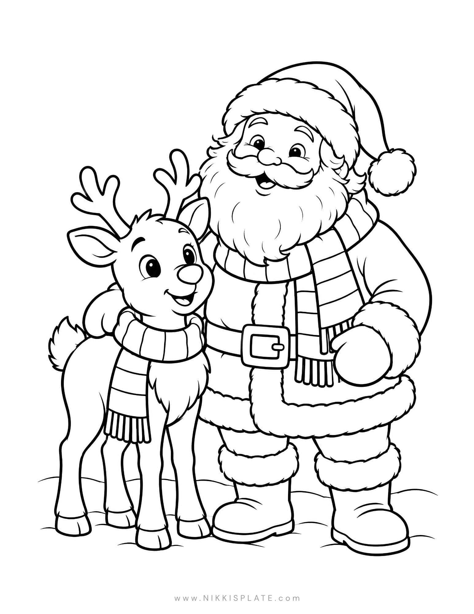 Santa and reindeer coloring page featuring Santa standing beside a little reindeer wearing a scarf.