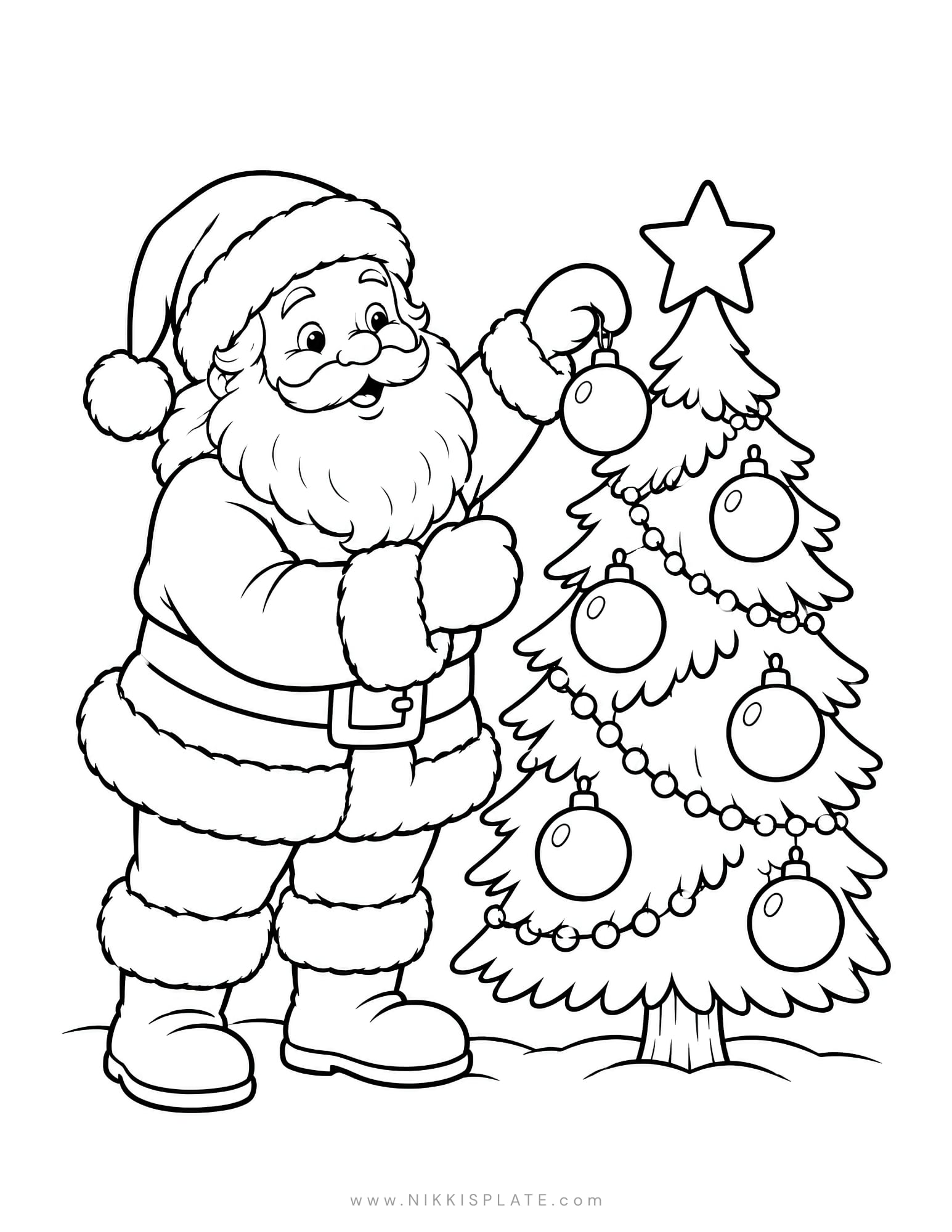 Christmas coloring page showing Santa hanging ornaments on a small Christmas tree.
