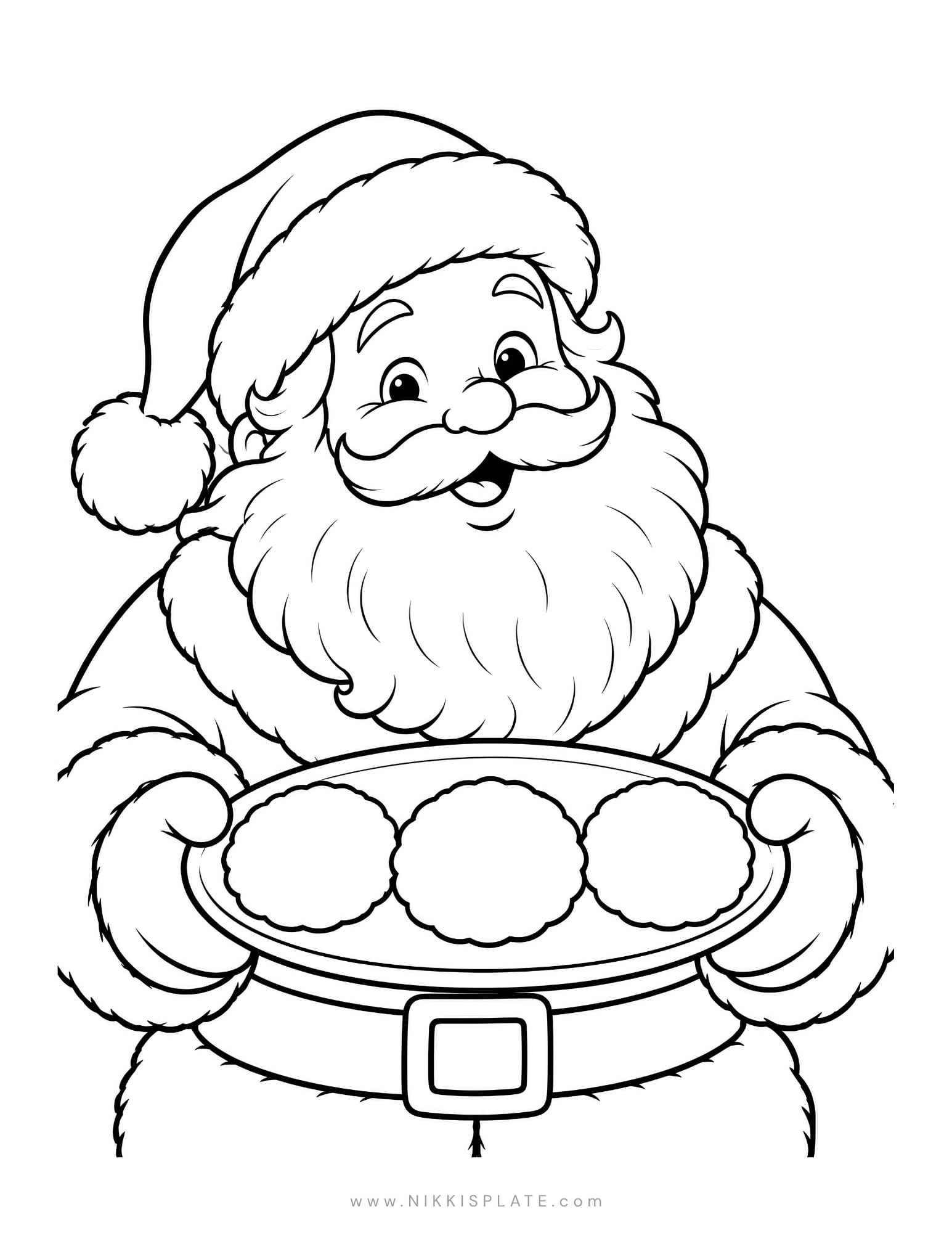 Cute Santa coloring page featuring Santa holding a plate of Christmas cookies.