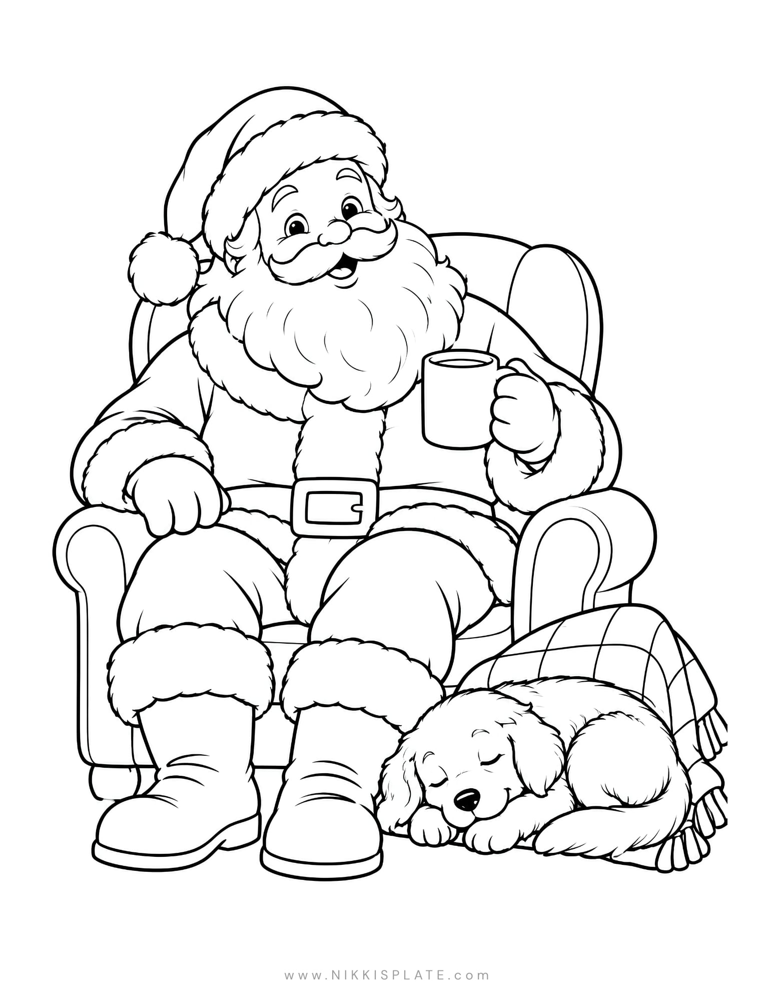 Printable Santa coloring sheet showing Santa beside a sleeping puppy curled up near his boots.