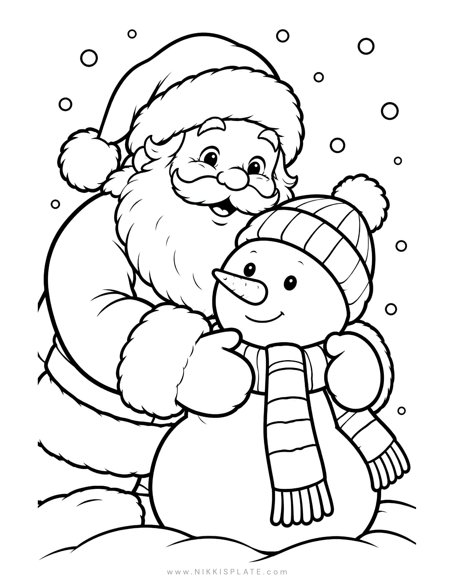 Santa and snowman coloring page featuring Santa standing beside a cheerful snowman in the snow.