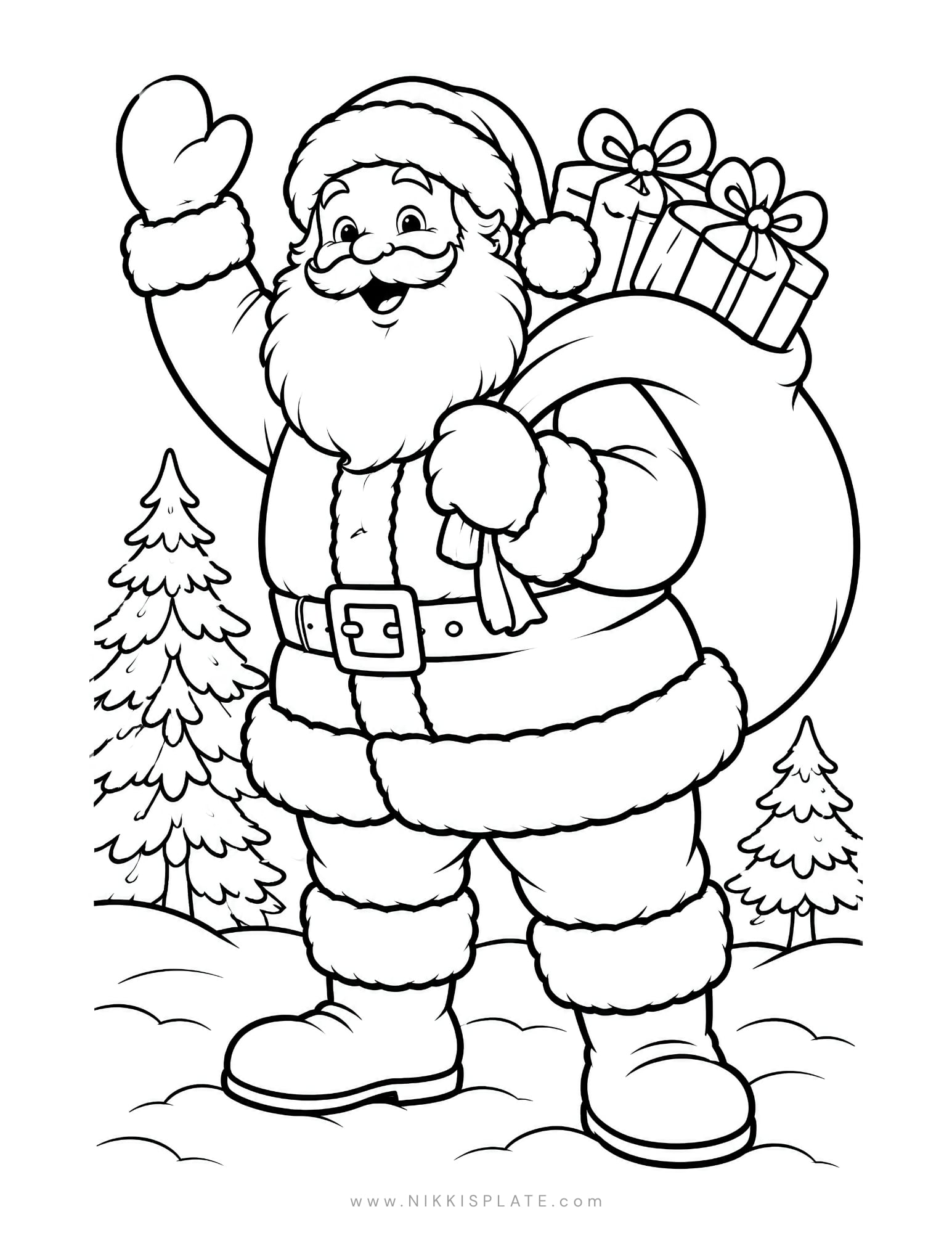 Christmas coloring page showing Santa beside a sack filled with a teddy bear and toy ball.