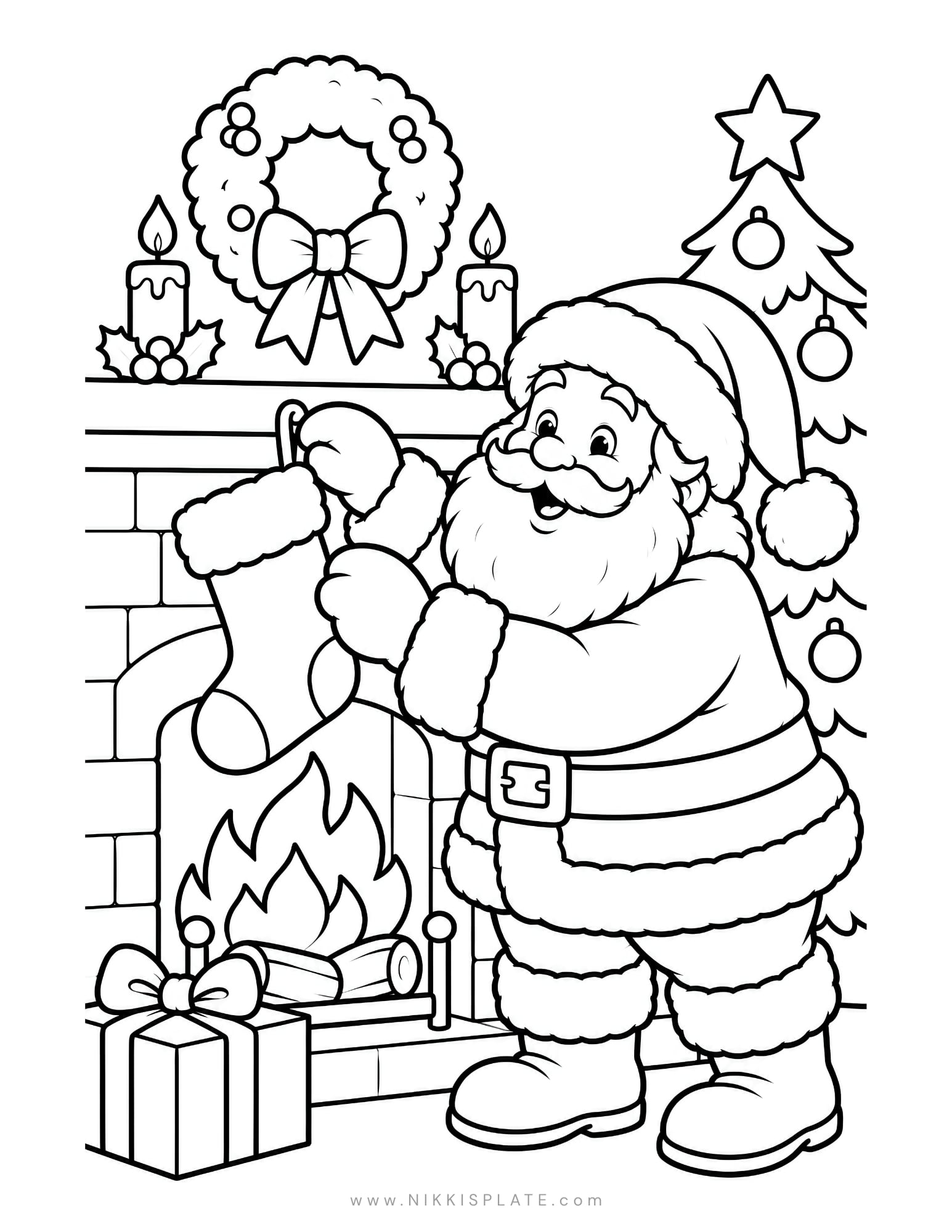 Printable Santa coloring page featuring Santa beside three hanging Christmas stockings.
