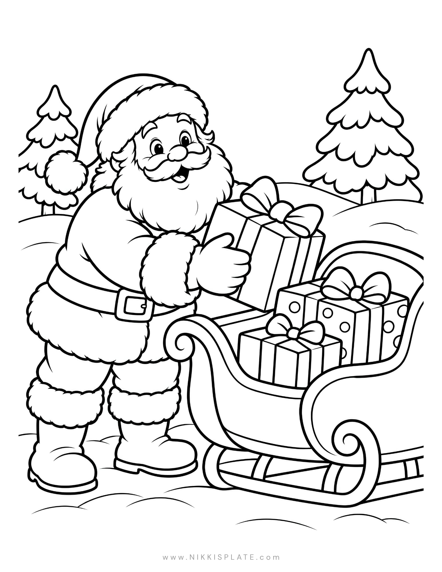 Detailed Santa coloring page featuring Santa loading wrapped Christmas presents into his sleigh.
