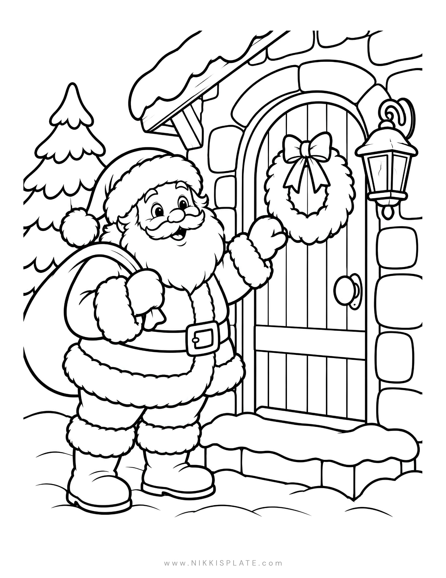 Santa coloring page showing Santa outside a cozy cottage decorated with a Christmas wreath and lantern.