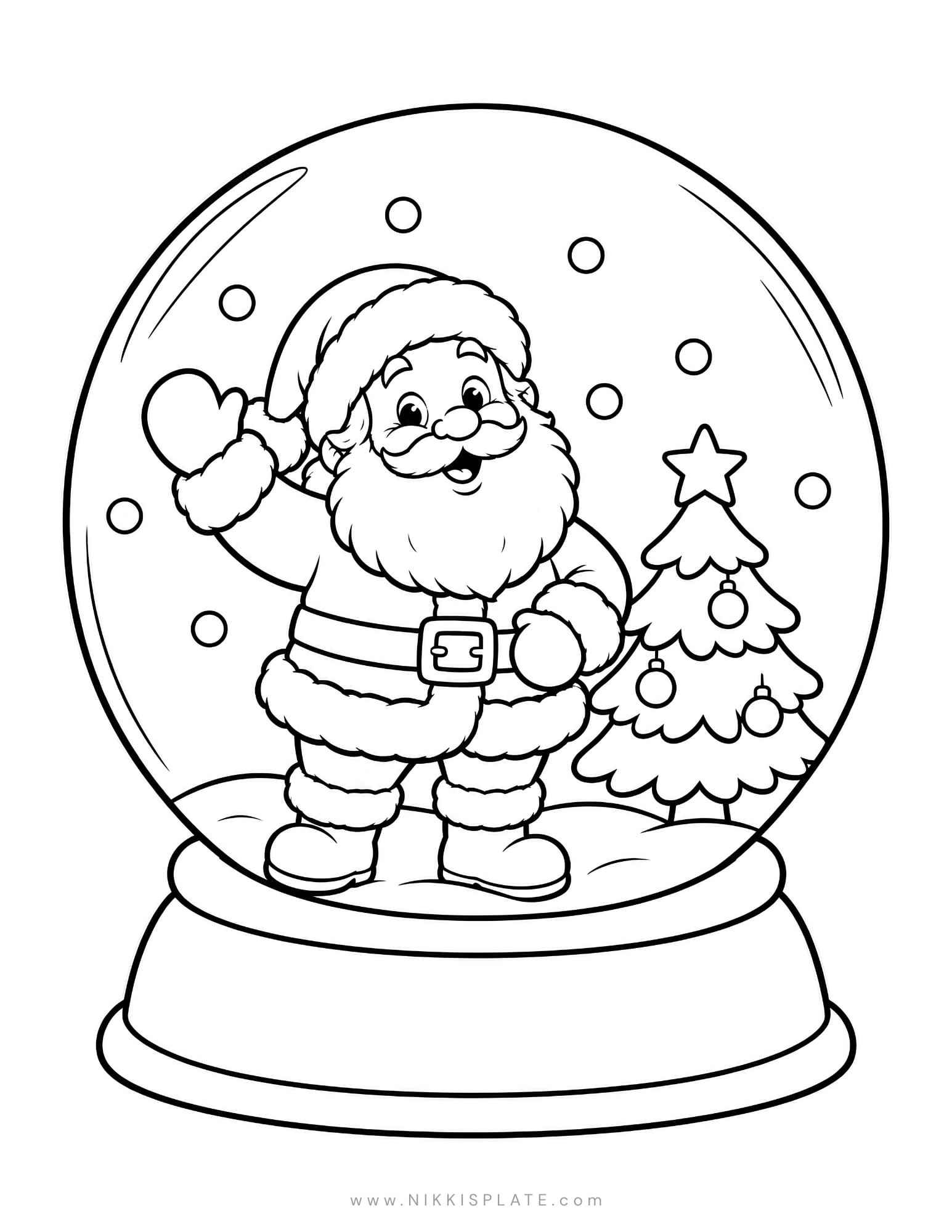 Printable Christmas coloring page featuring Santa inside a snow globe with a small tree and falling snow.