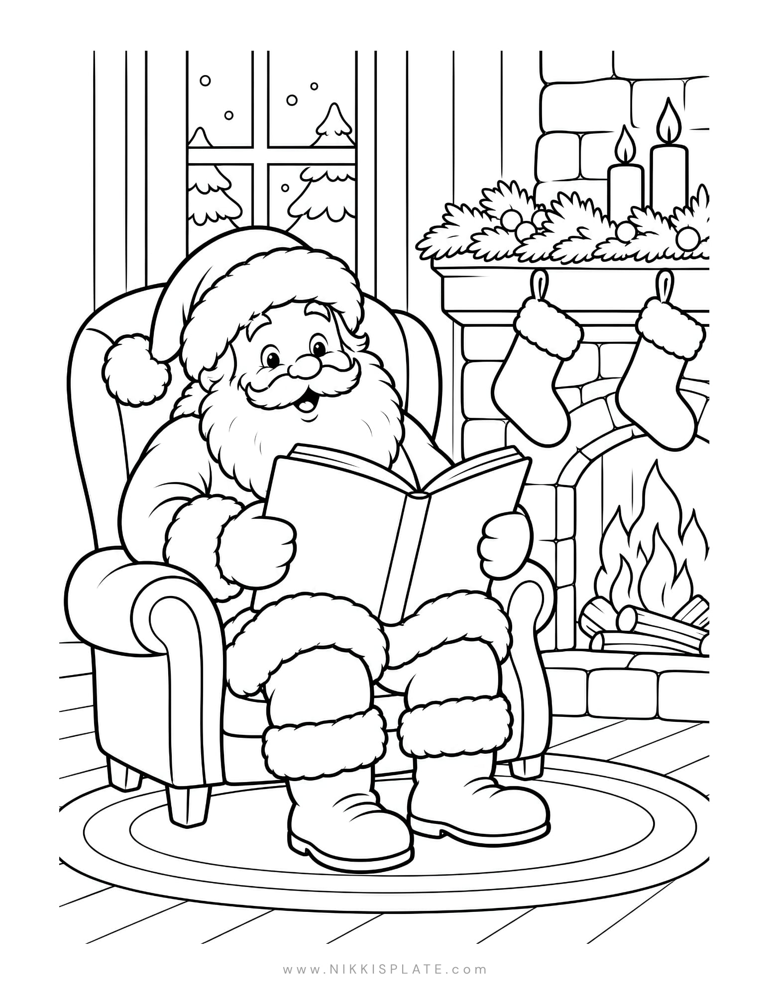 Cozy Santa coloring page showing Santa reading a book in an armchair beside a fireplace.