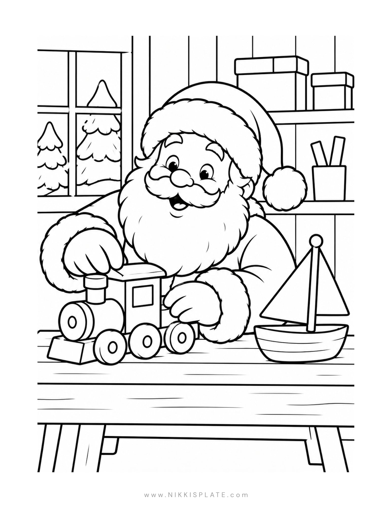 Santa Claus coloring page featuring Santa working at a table with a wooden toy train and boat.