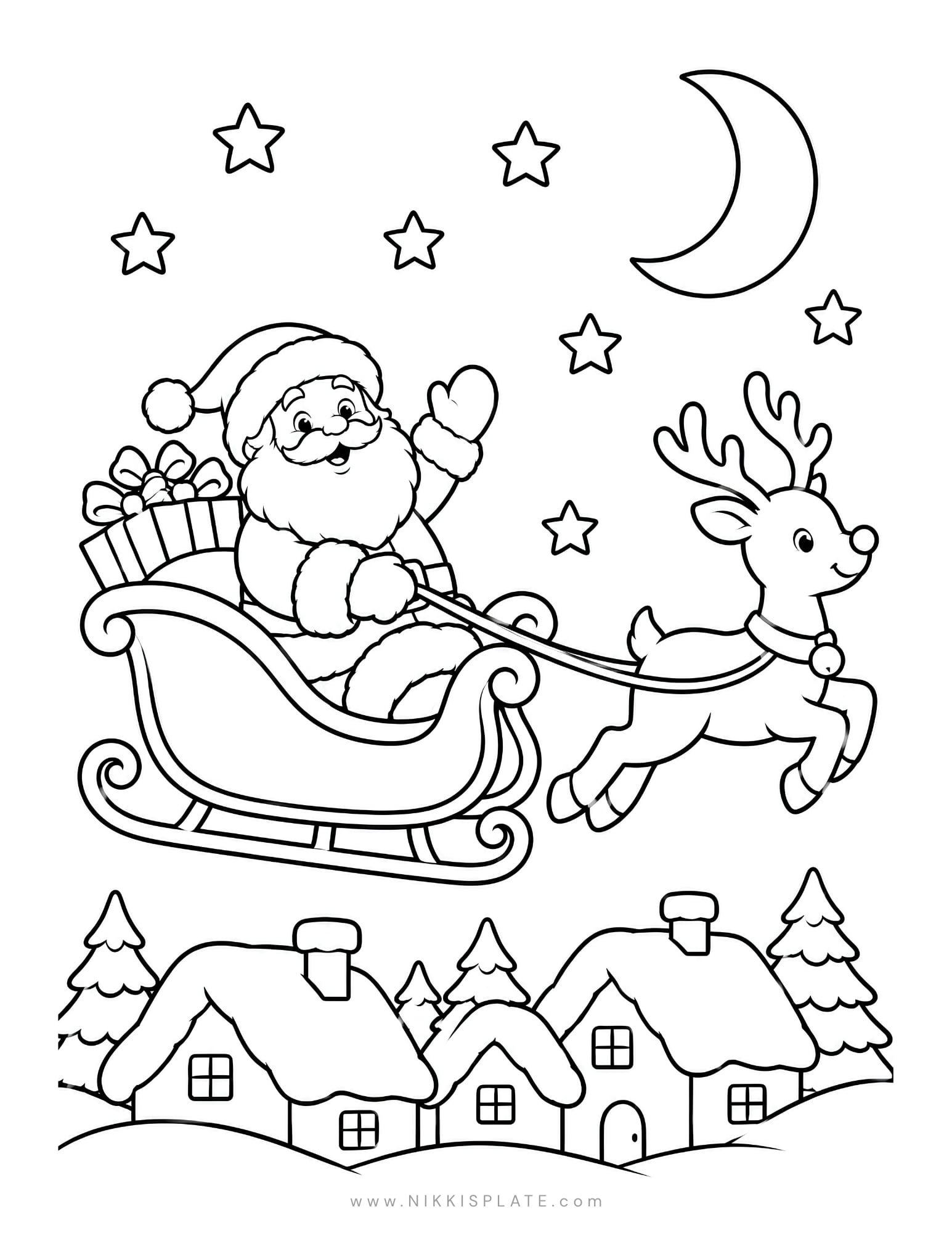 Christmas coloring page showing Santa flying in his sleigh above snowy rooftops beneath the moon and stars.