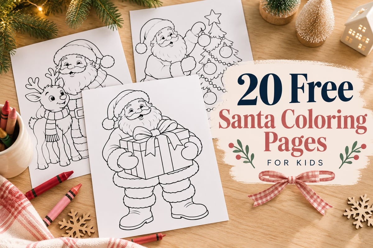 Free Santa coloring pages for kids displayed on a cozy Christmas craft table with crayons, festive decorations, and printable Santa illustrations.