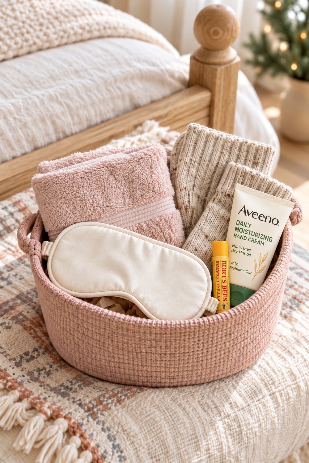 Blush self-care basket with Aveeno hand cream, Burt's Bees lip balm, cosy socks, a washcloth, and sleep mask.
