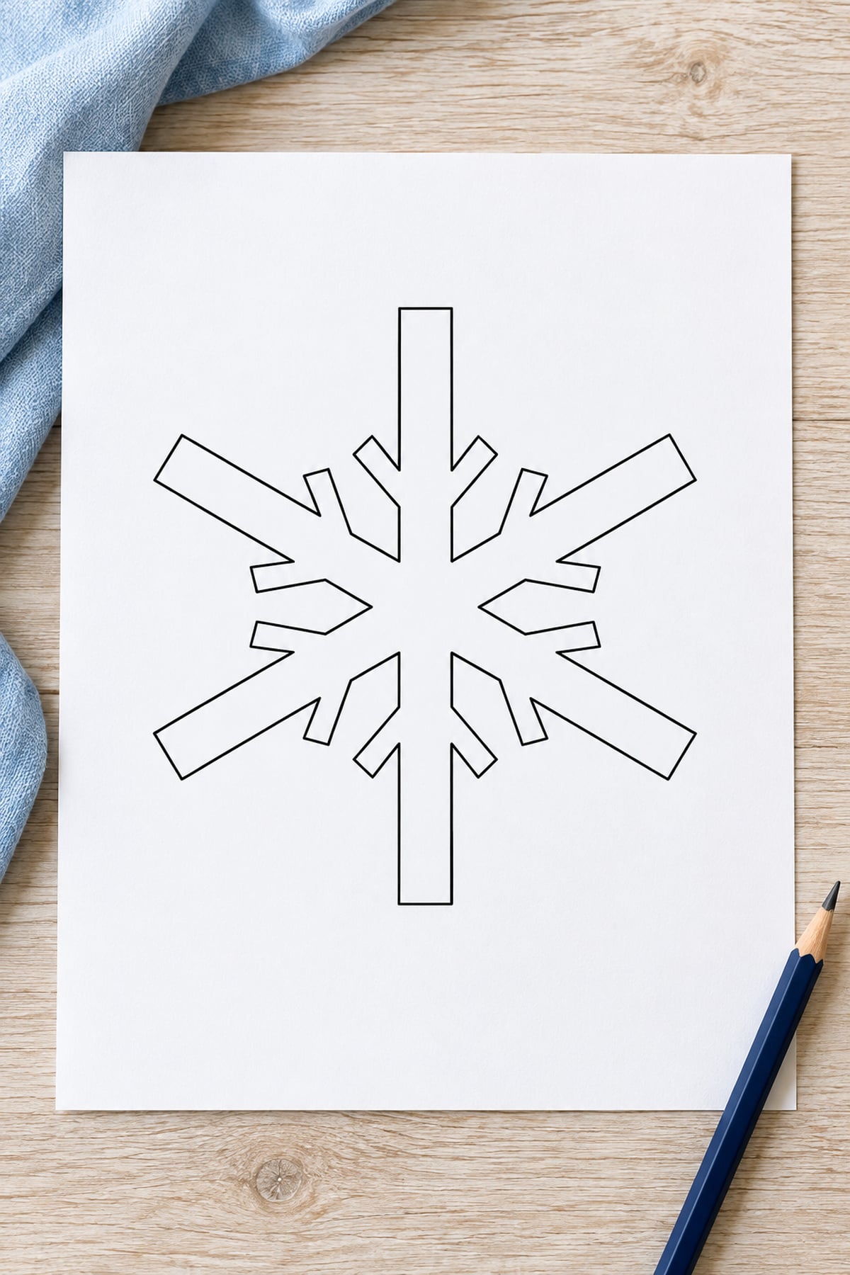 Snowflake template with long side branches on white paper layered over navy paper.