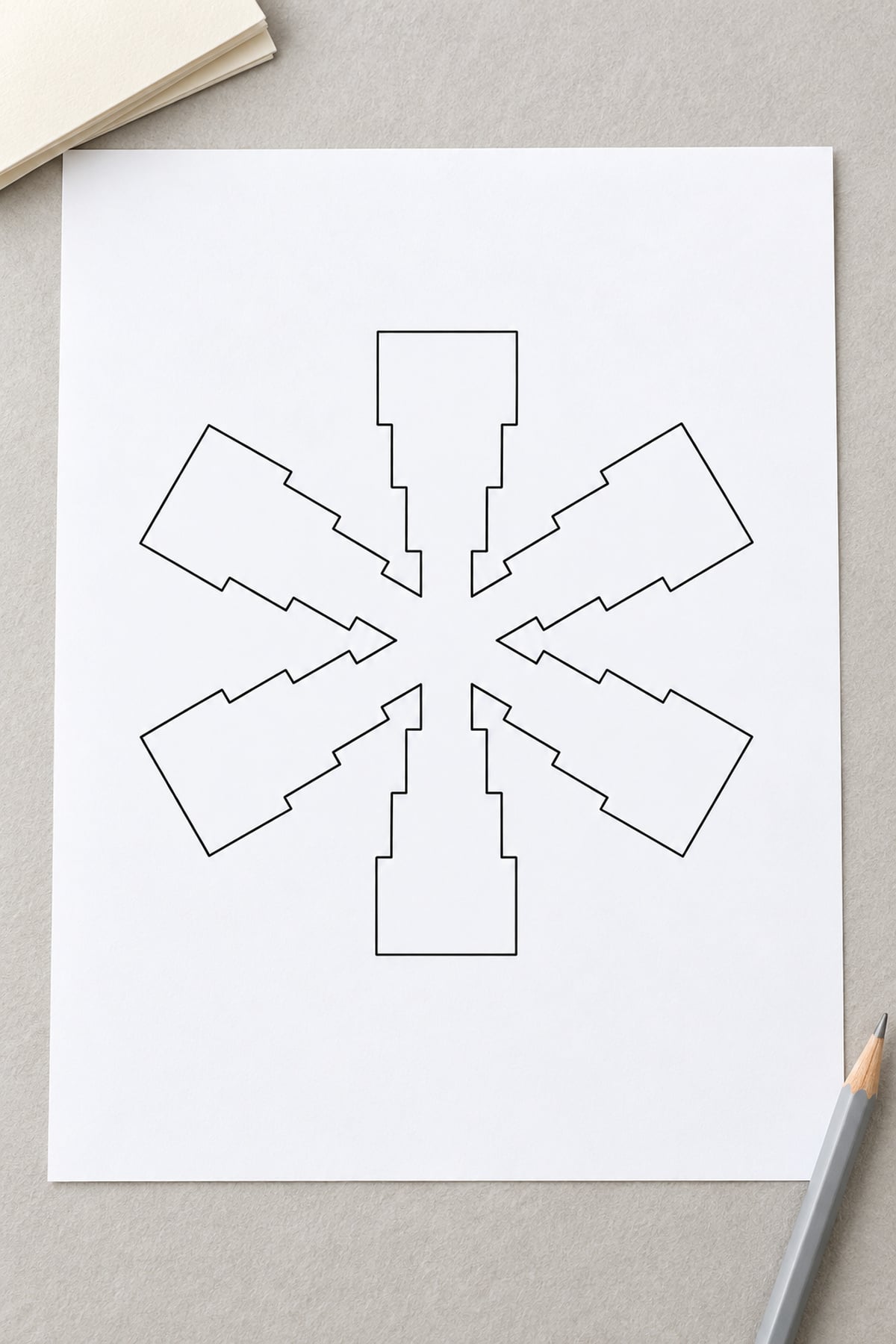 Stepped-crystal snowflake outline on white paper, arranged on a light grey background with blank cards and a grey pencil.