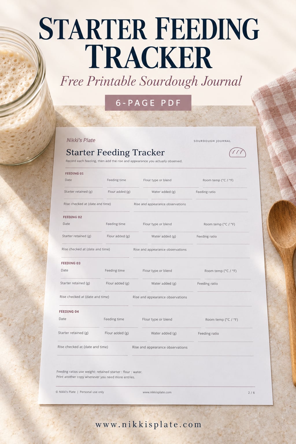Printable sourdough starter feeding tracker beside a jar of starter, a wooden spoon, and a blush tea towel.