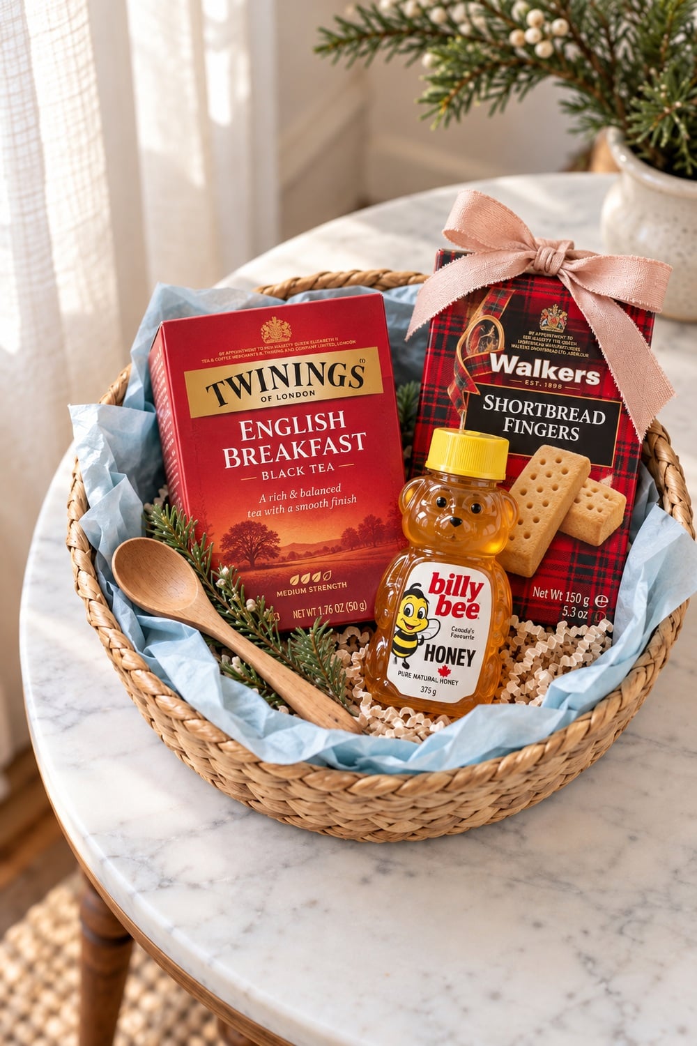 Tea gift basket with Twinings English Breakfast, Billy Bee honey, Walkers shortbread, and a wooden spoon.