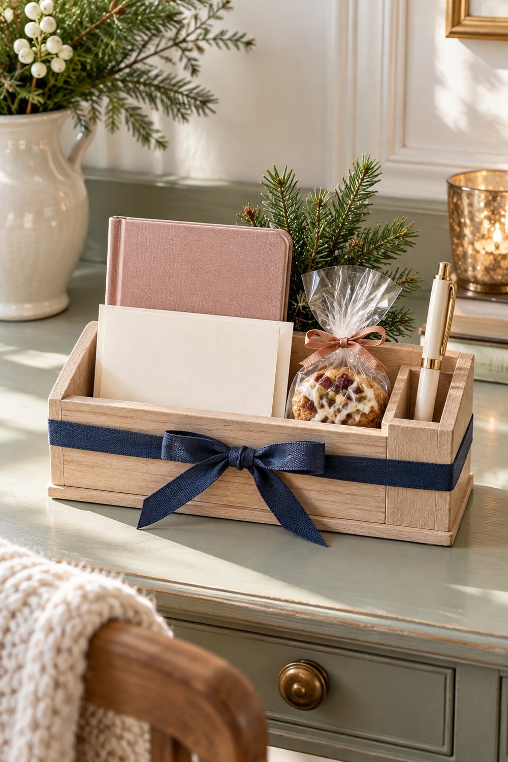 Teacher Christmas gift organiser with a blush notebook, pen, wrapped cookie, blank card, and navy ribbon.