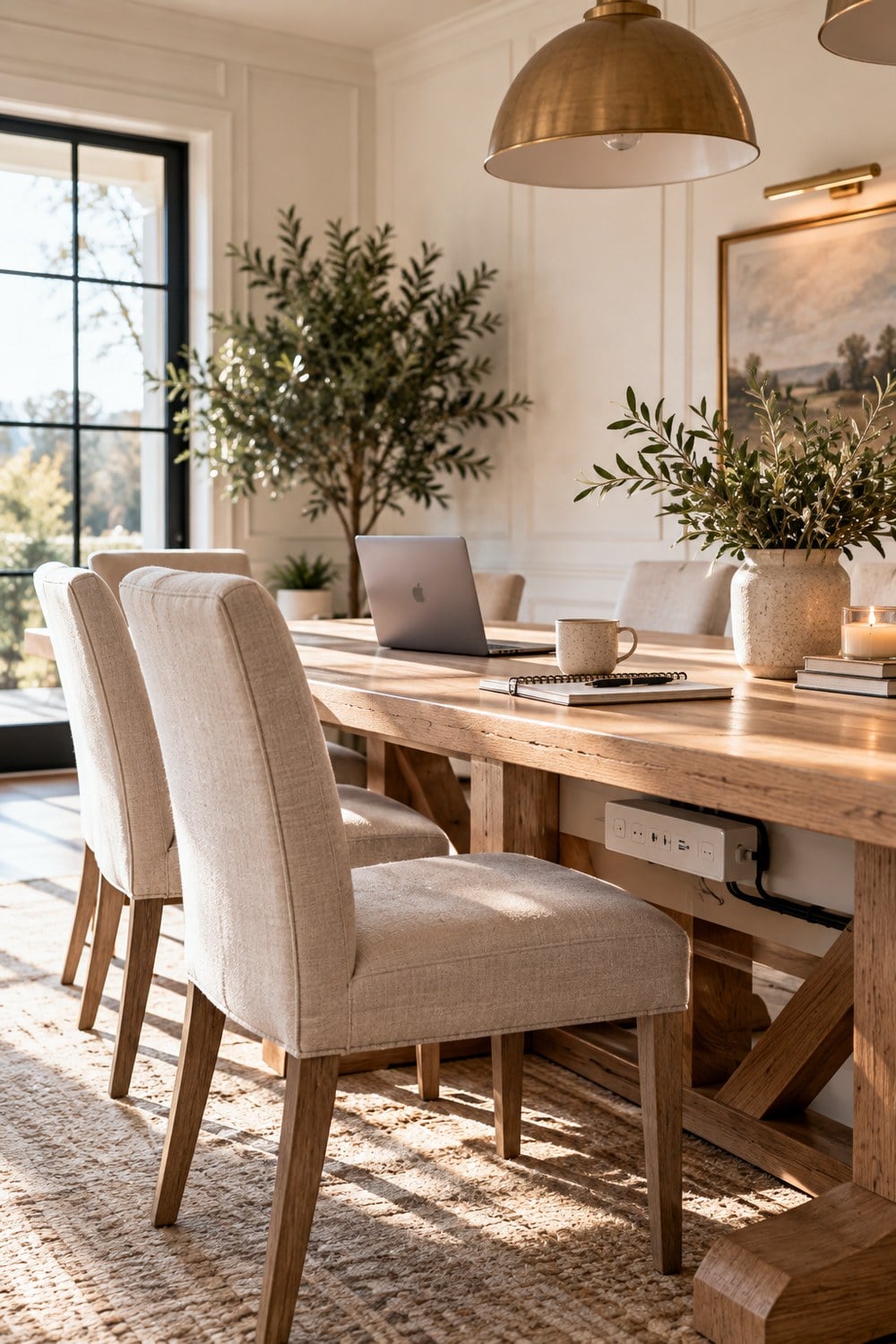 Modern farmhouse workspace with a wooden table, upholstered chairs, and an under-table power strip for tidy cable management.