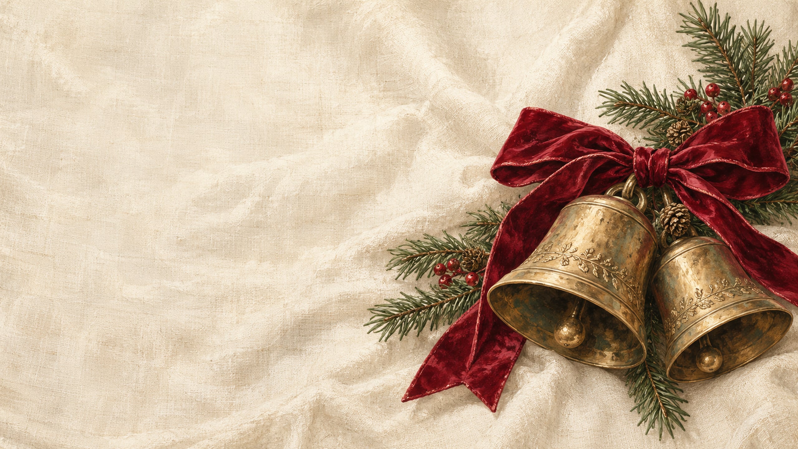 Two aged brass Christmas bells tied with a cranberry velvet bow beside evergreen sprigs on cream linen.