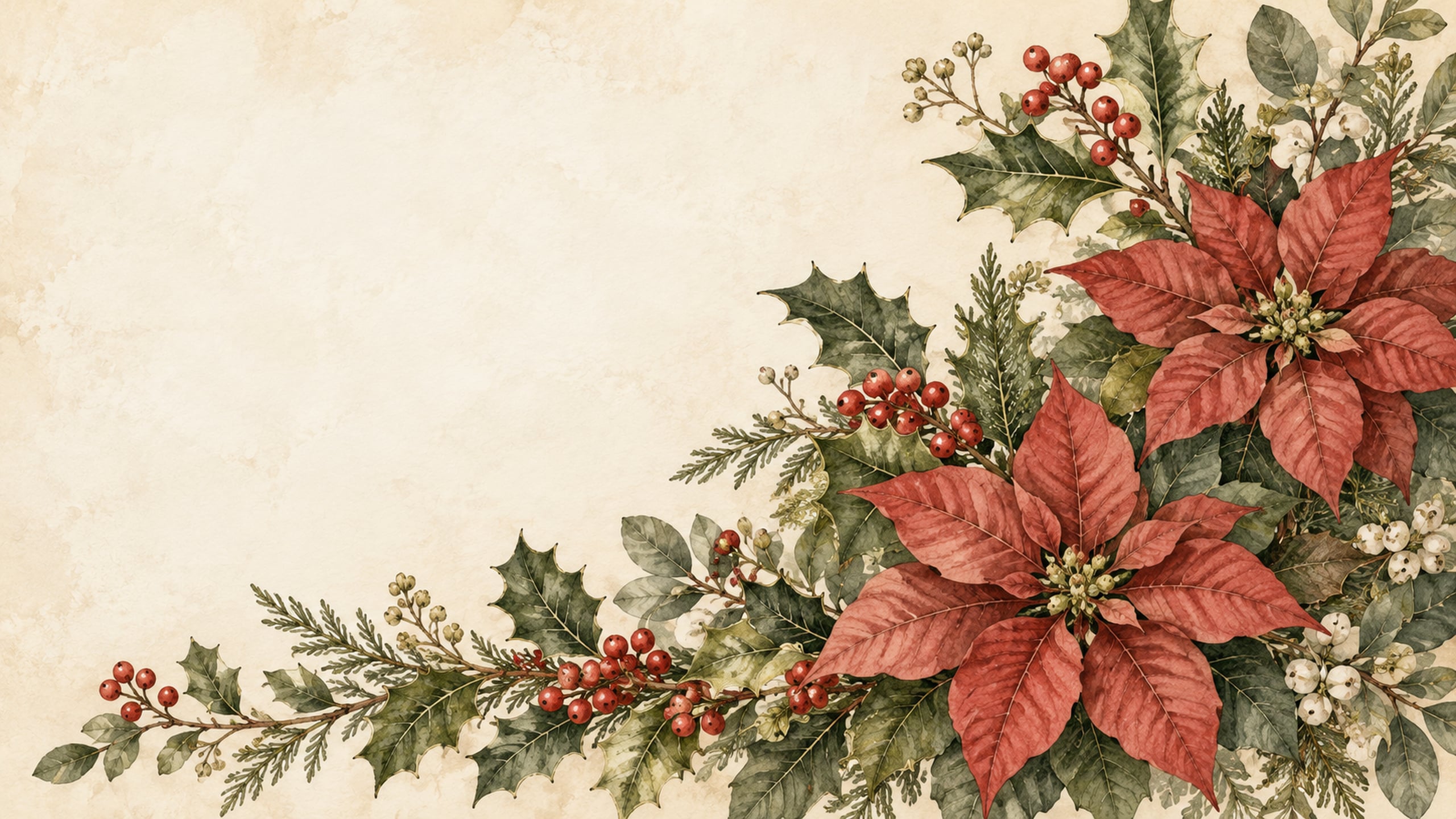 Vintage botanical illustration of muted red poinsettias, holly leaves and berries along the edges of cream paper.