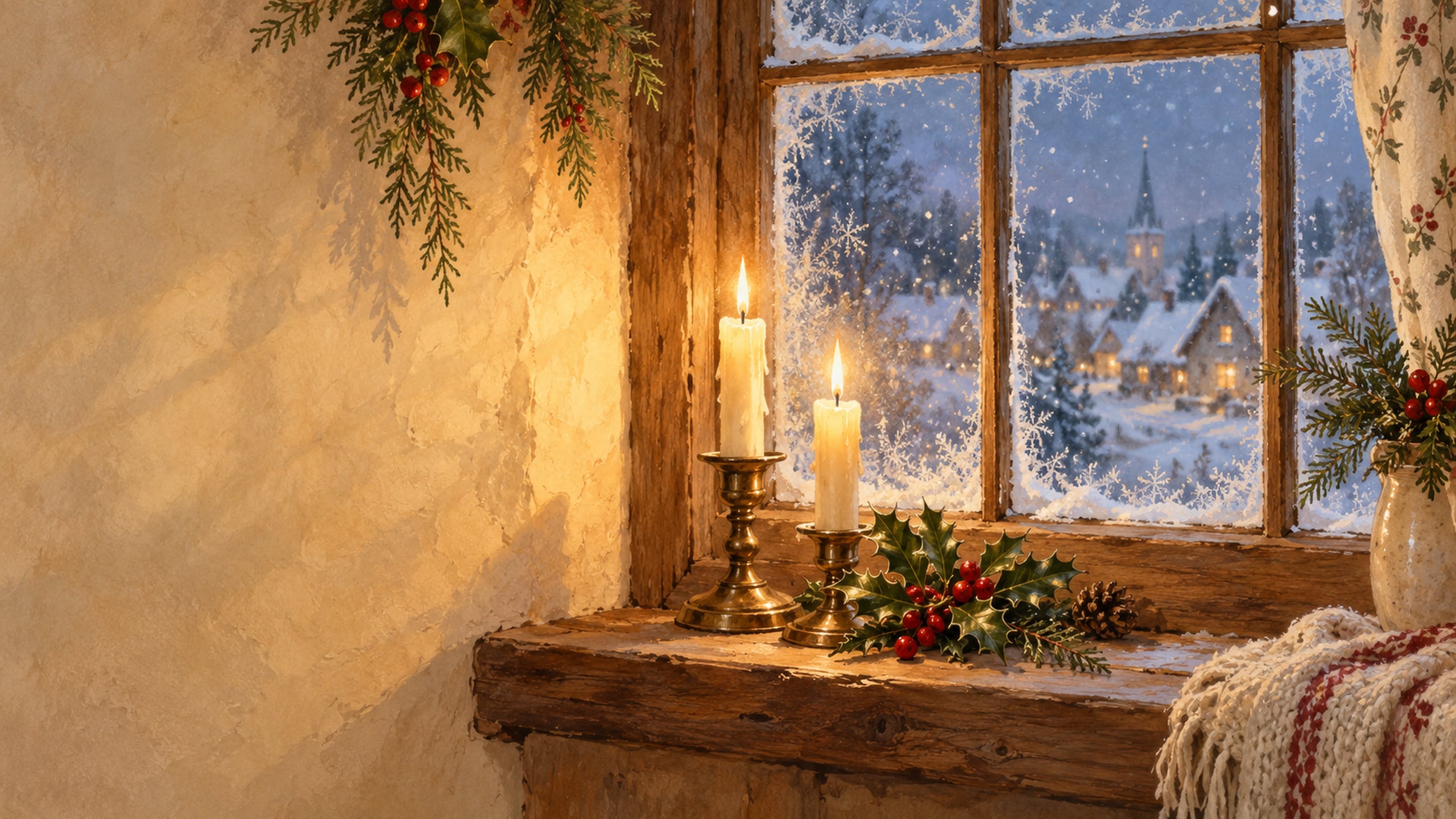 Frosted cottage window with two candles in brass holders, holly on the sill and a snowy village outside.