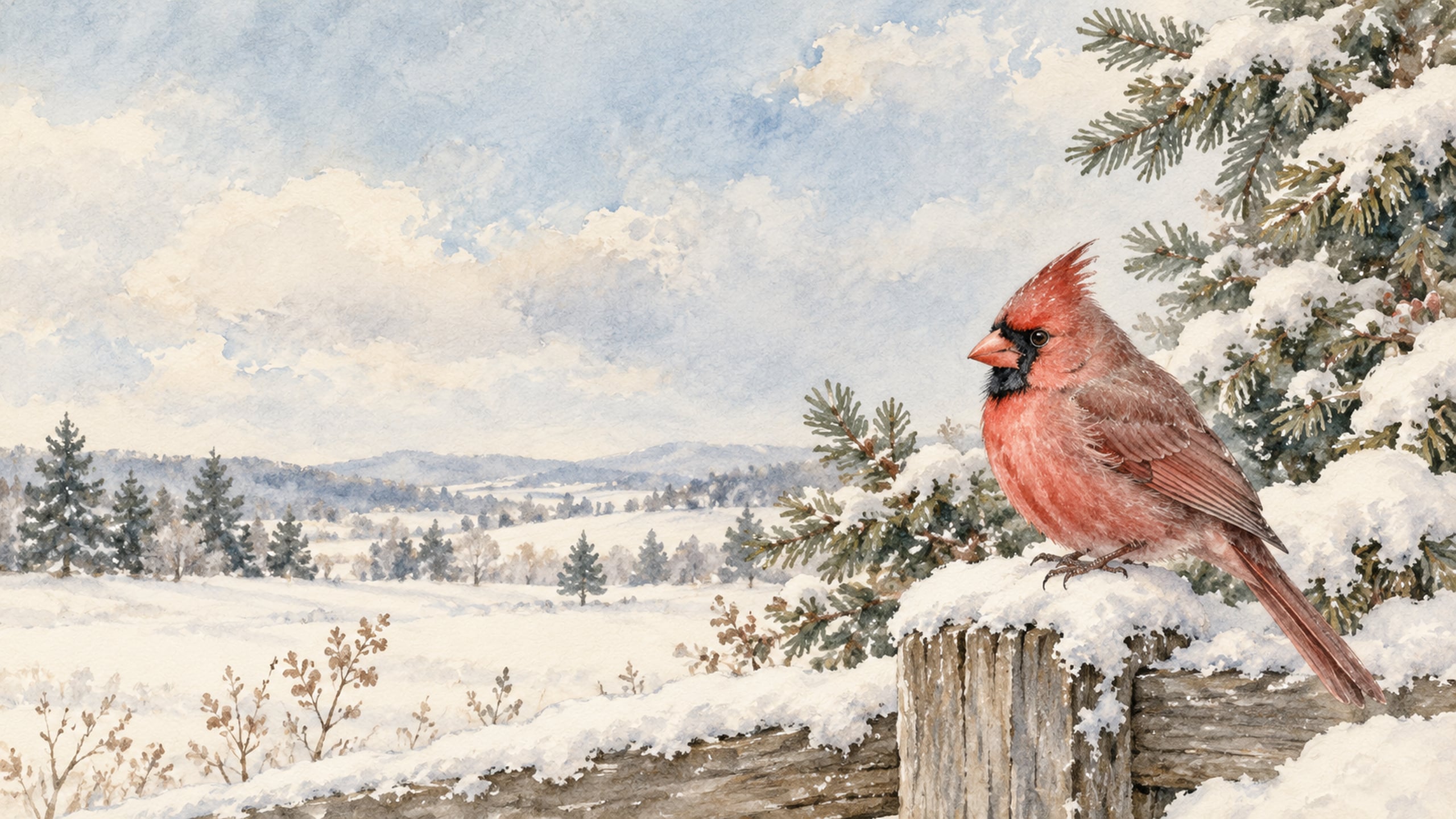 Red cardinal perched on a snow-covered wooden fence post beside evergreen branches beneath a pale blue winter sky.