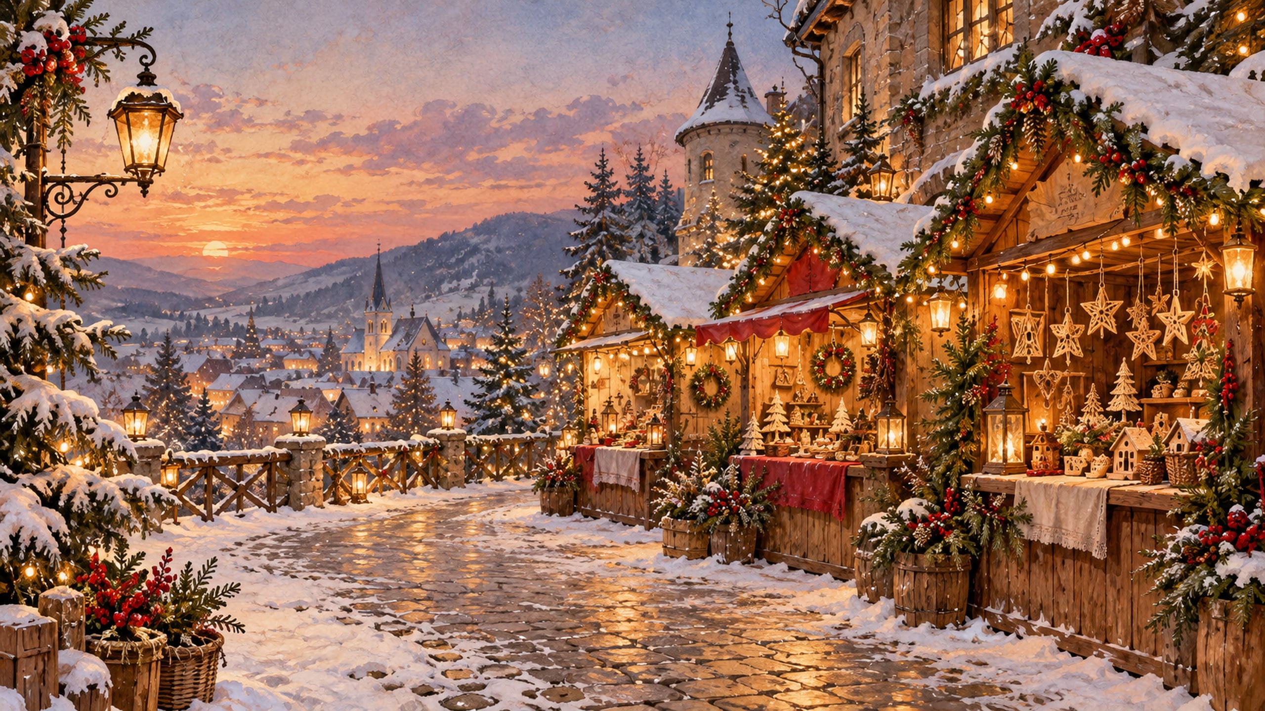 Snowy Christmas market with wooden stalls, handmade ornaments, glowing lanterns and evergreen garlands.