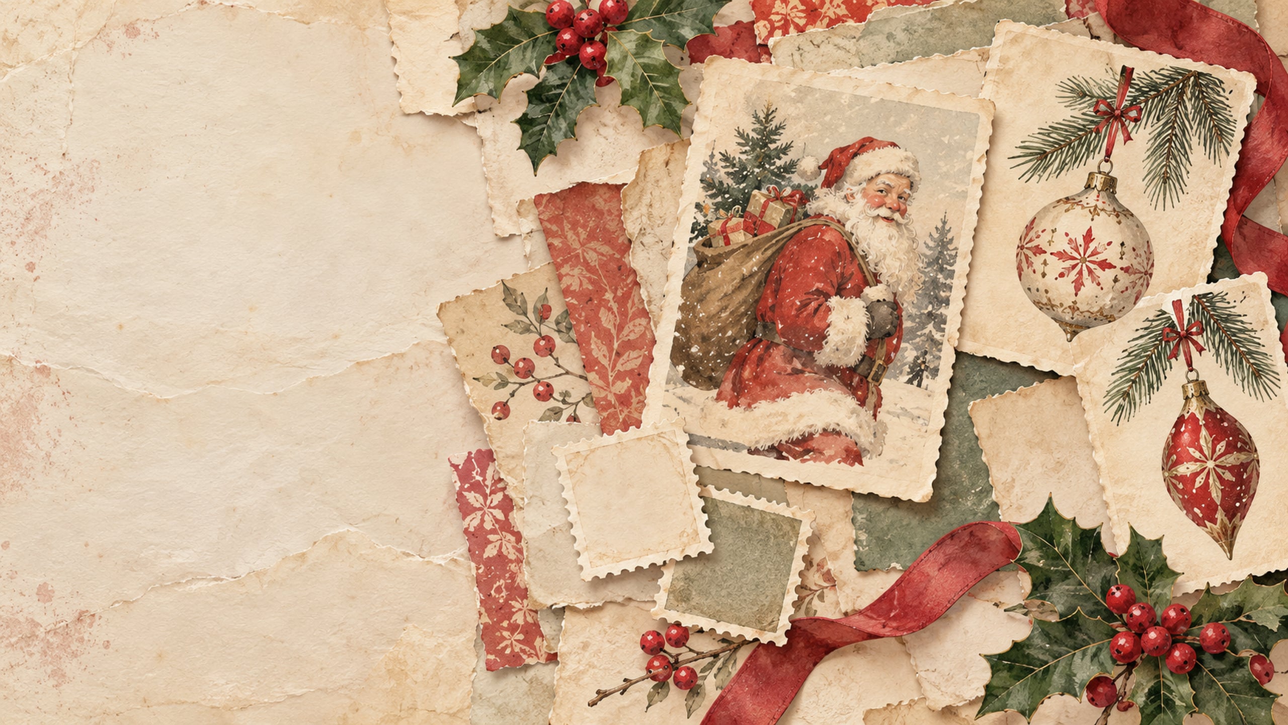 Vintage Christmas paper collage with a Santa illustration, ornament sketches, holly and red ribbon on layered cream paper.