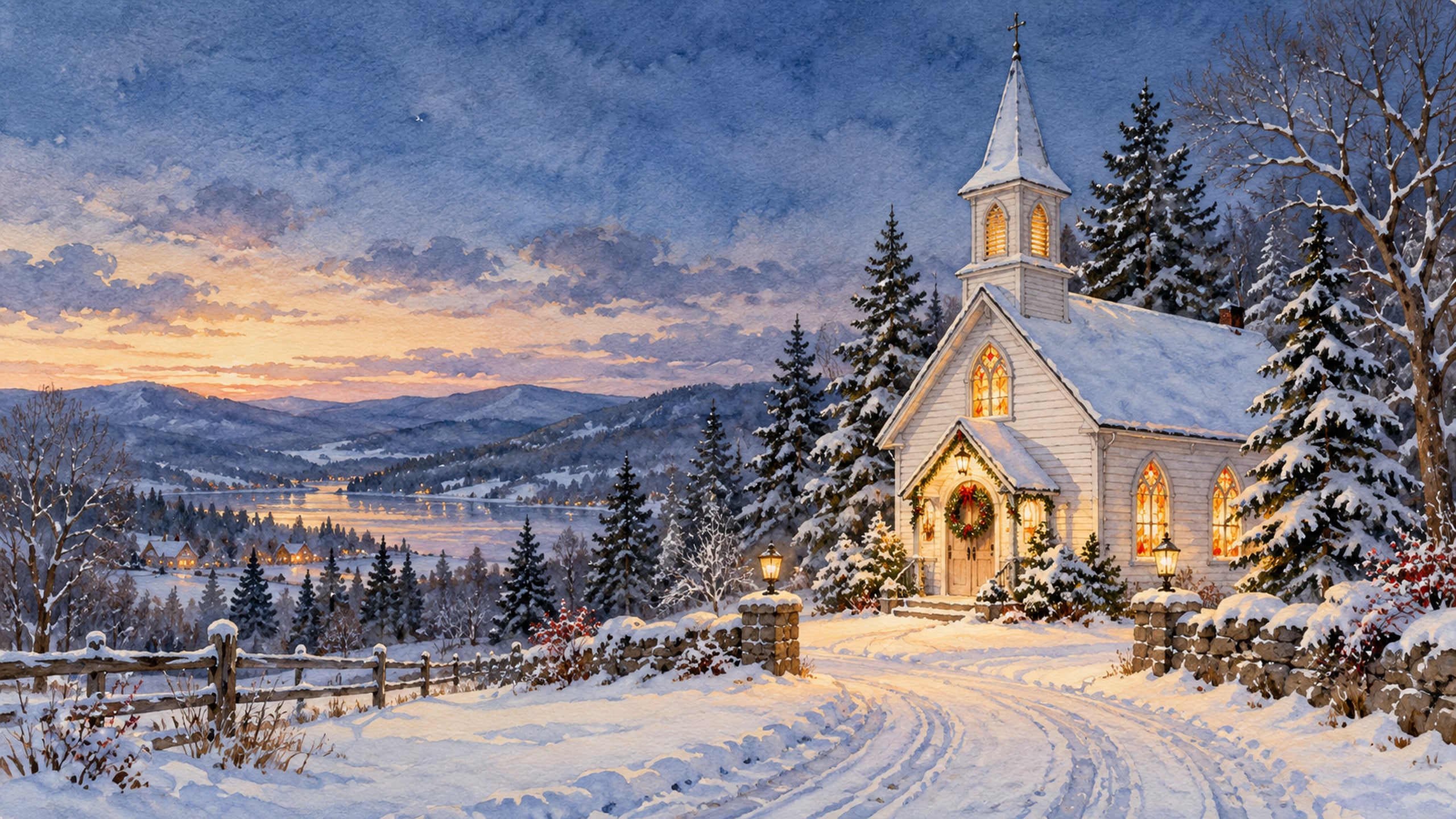 White country church with glowing windows and a Christmas wreath among snow-covered pine trees at dusk.