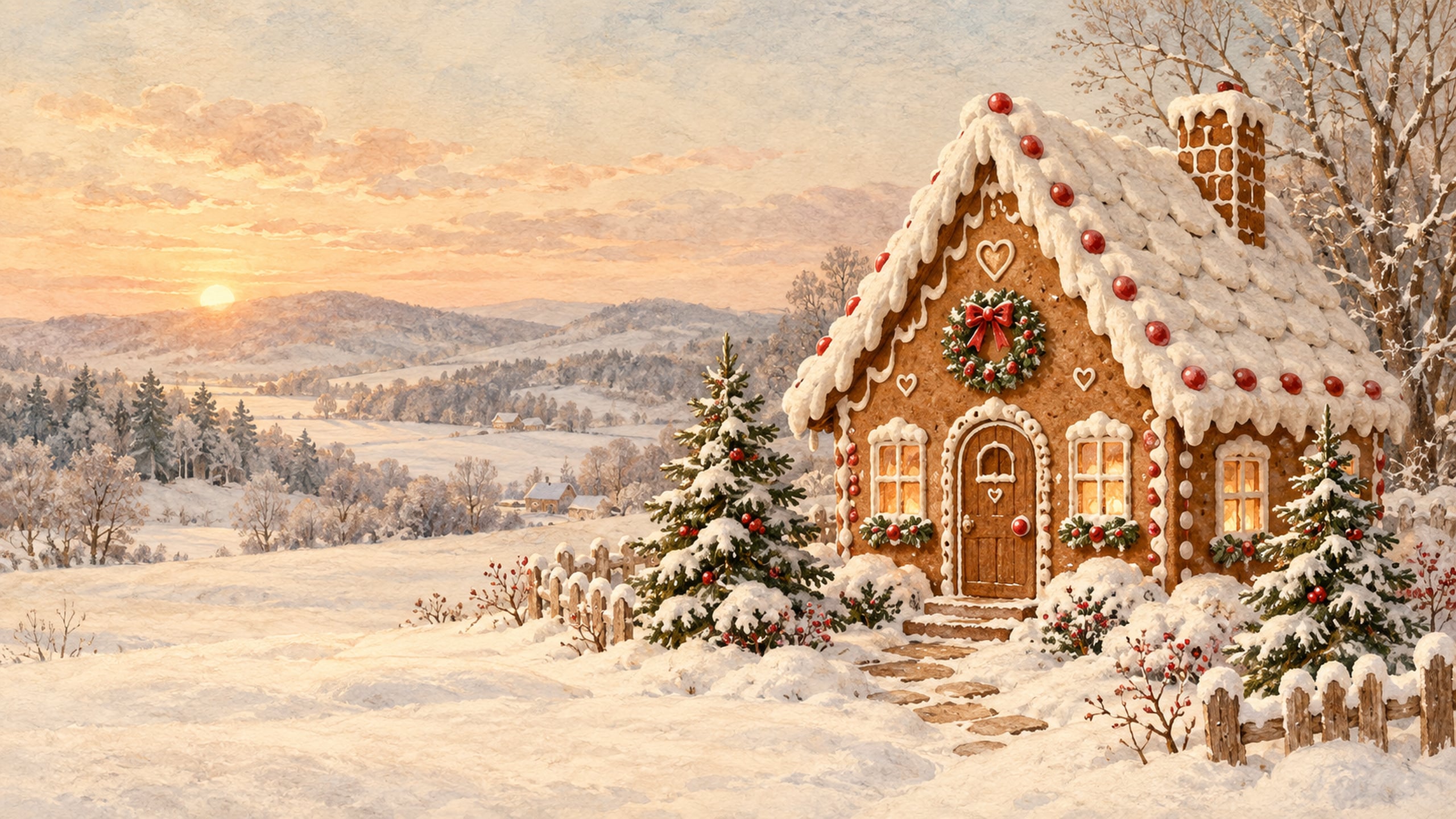 Gingerbread house with white icing, red candy details and a Christmas wreath surrounded by snowy evergreen trees.