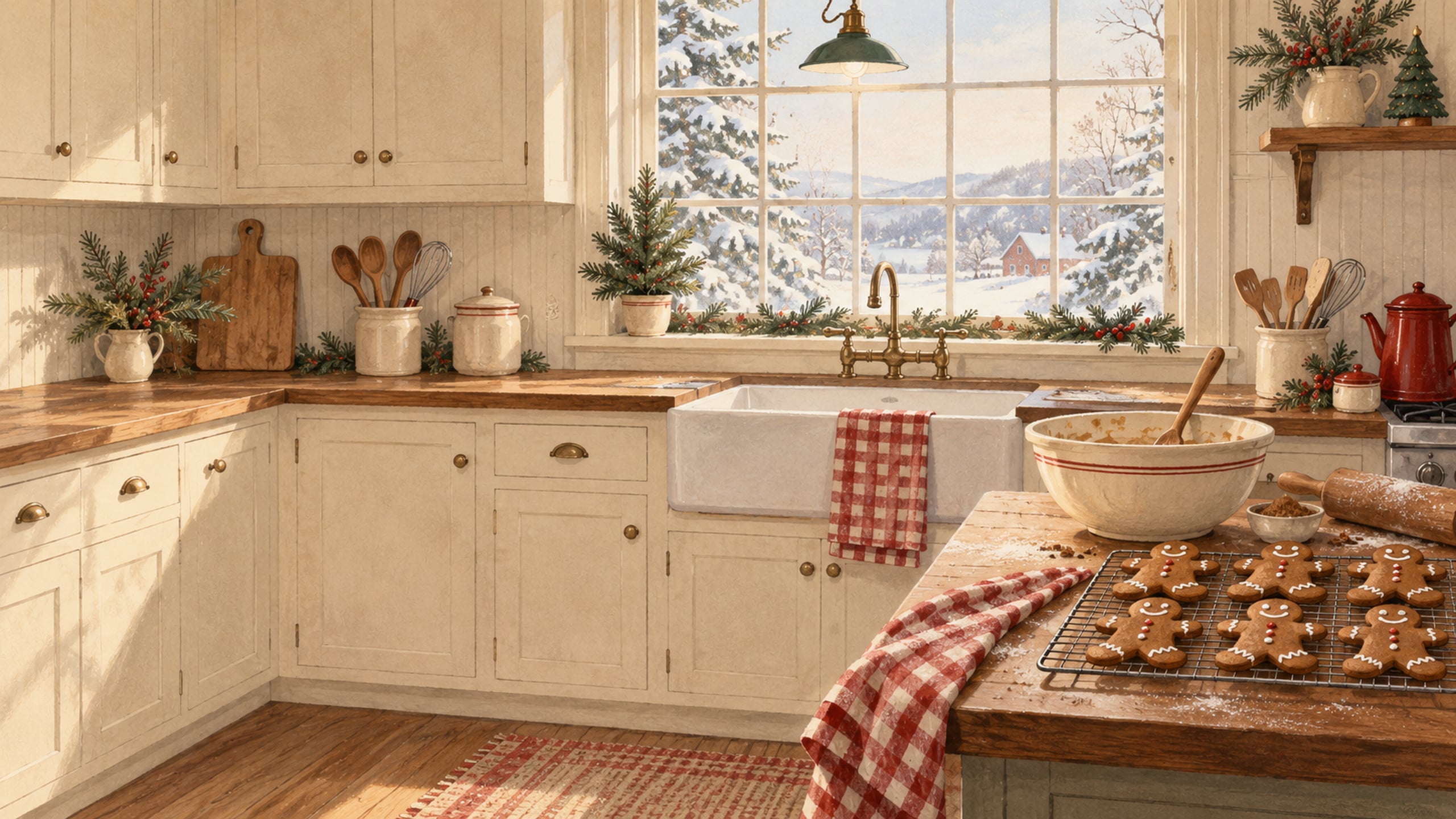 Retro cream kitchen with gingerbread cookies, an enamel mixing bowl and red gingham towels on wooden counters.