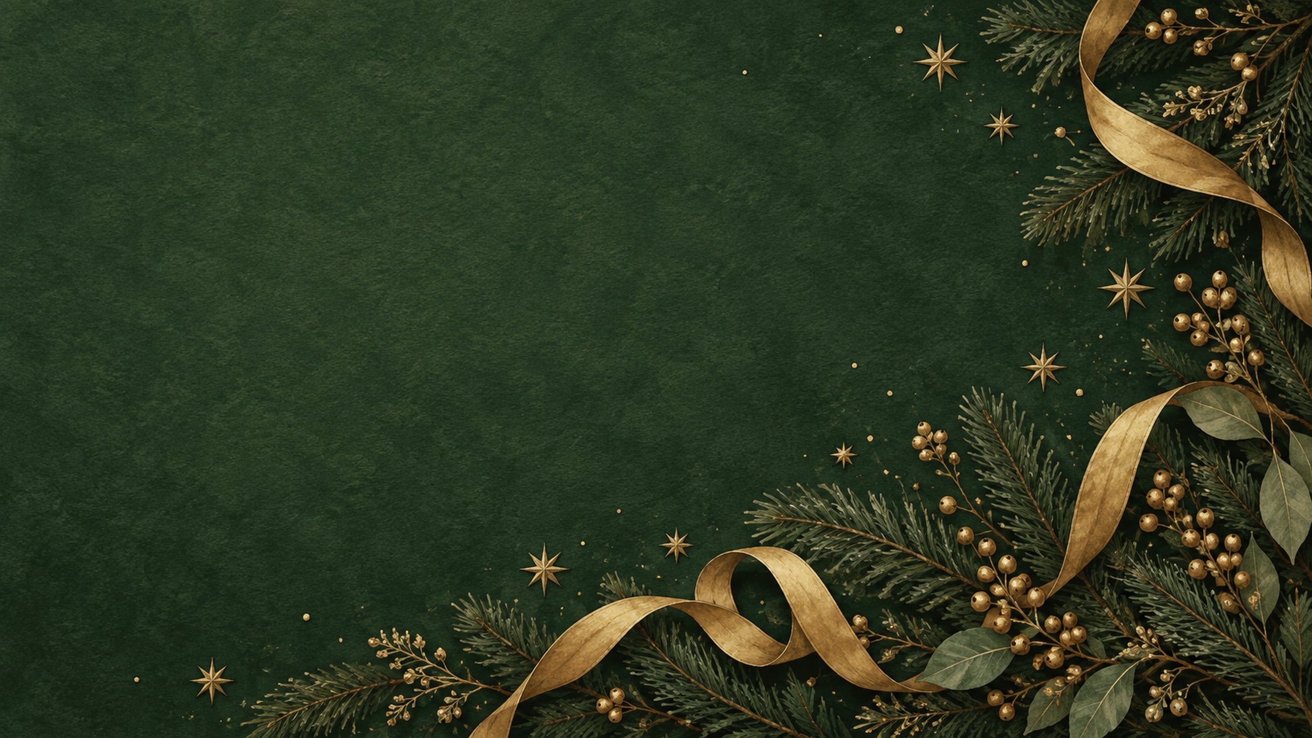Deep forest-green Christmas background with gold stars, curling ribbon and evergreen branches along the edges.