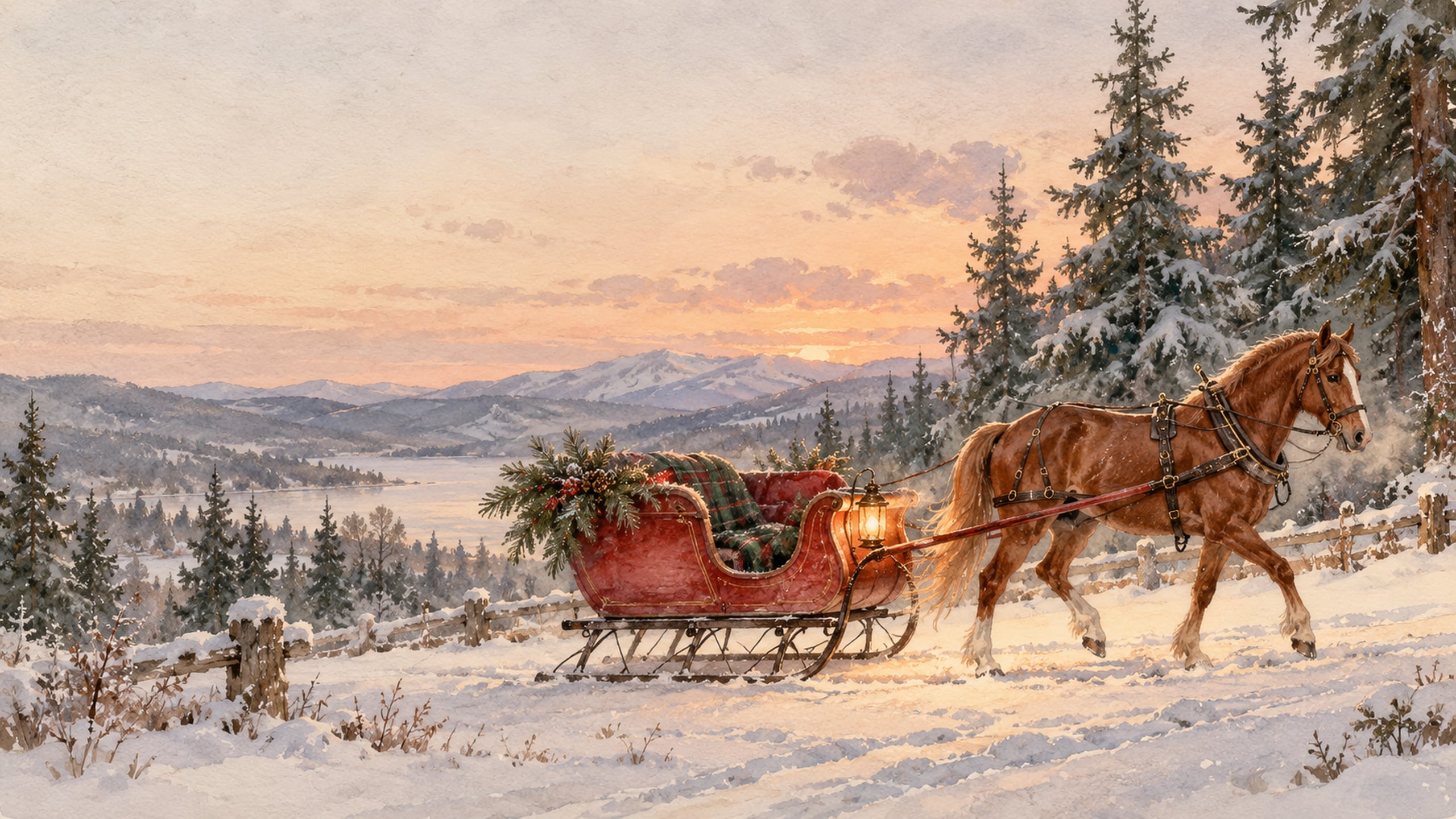 Chestnut horse pulling a red sleigh with a glowing lantern through a snowy evergreen landscape at sunset.