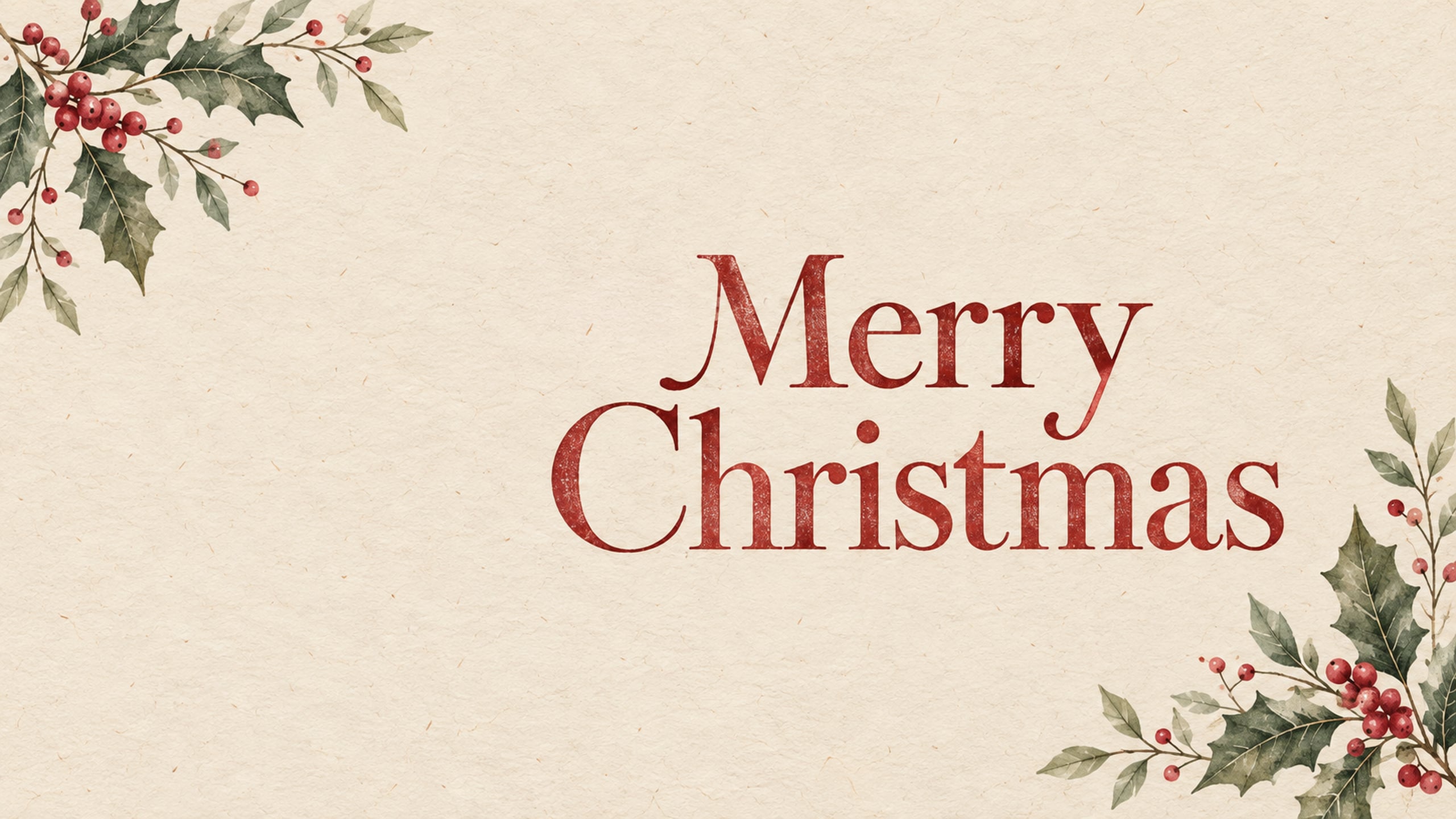 Merry Christmas in cranberry-red serif lettering with painted holly and red berries on textured cream paper.