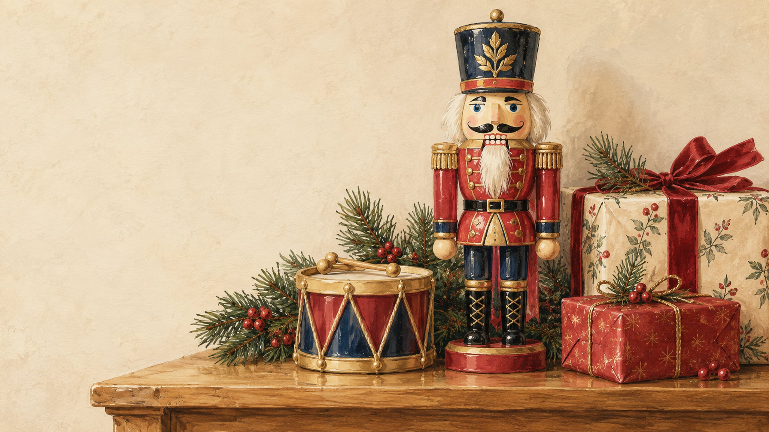 Red and navy wooden nutcracker beside a toy drum, wrapped Christmas gifts and evergreen sprigs on a wooden shelf.
