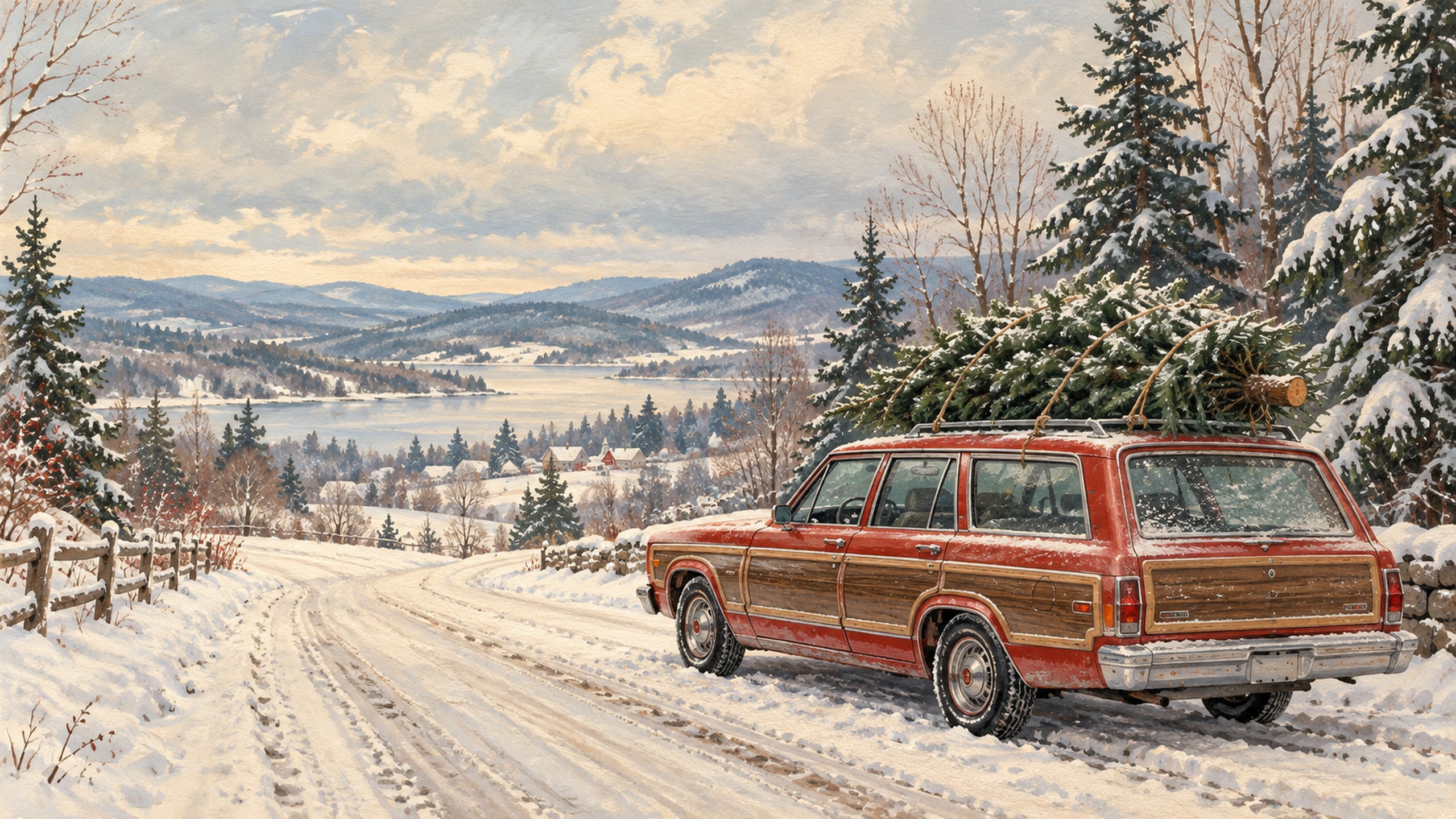 Classic red station wagon with wood trim carrying a Christmas tree on its roof along a snowy country road.