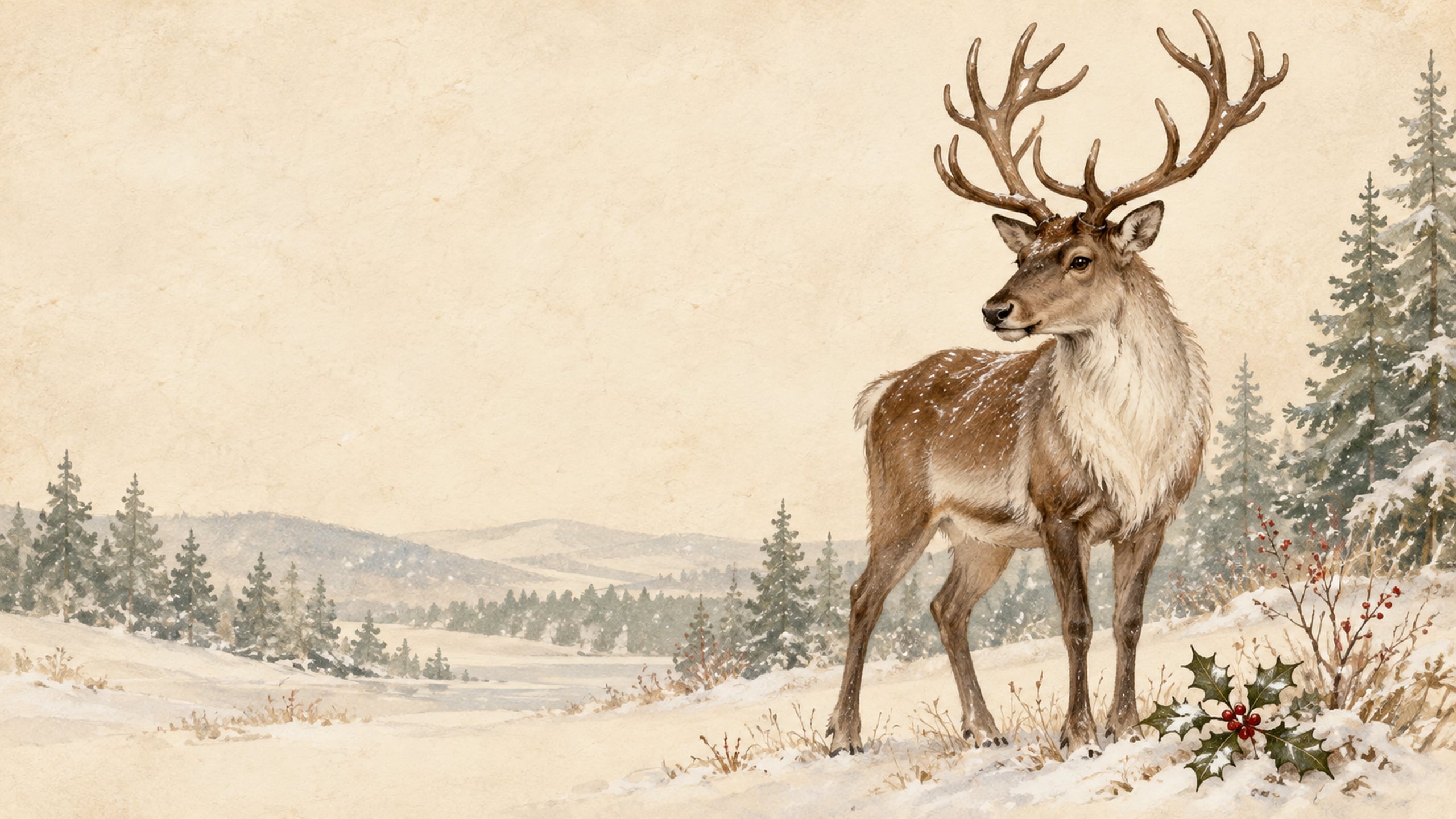 Vintage-style reindeer with branching antlers standing in a snowy woodland beside holly beneath a pale cream sky.