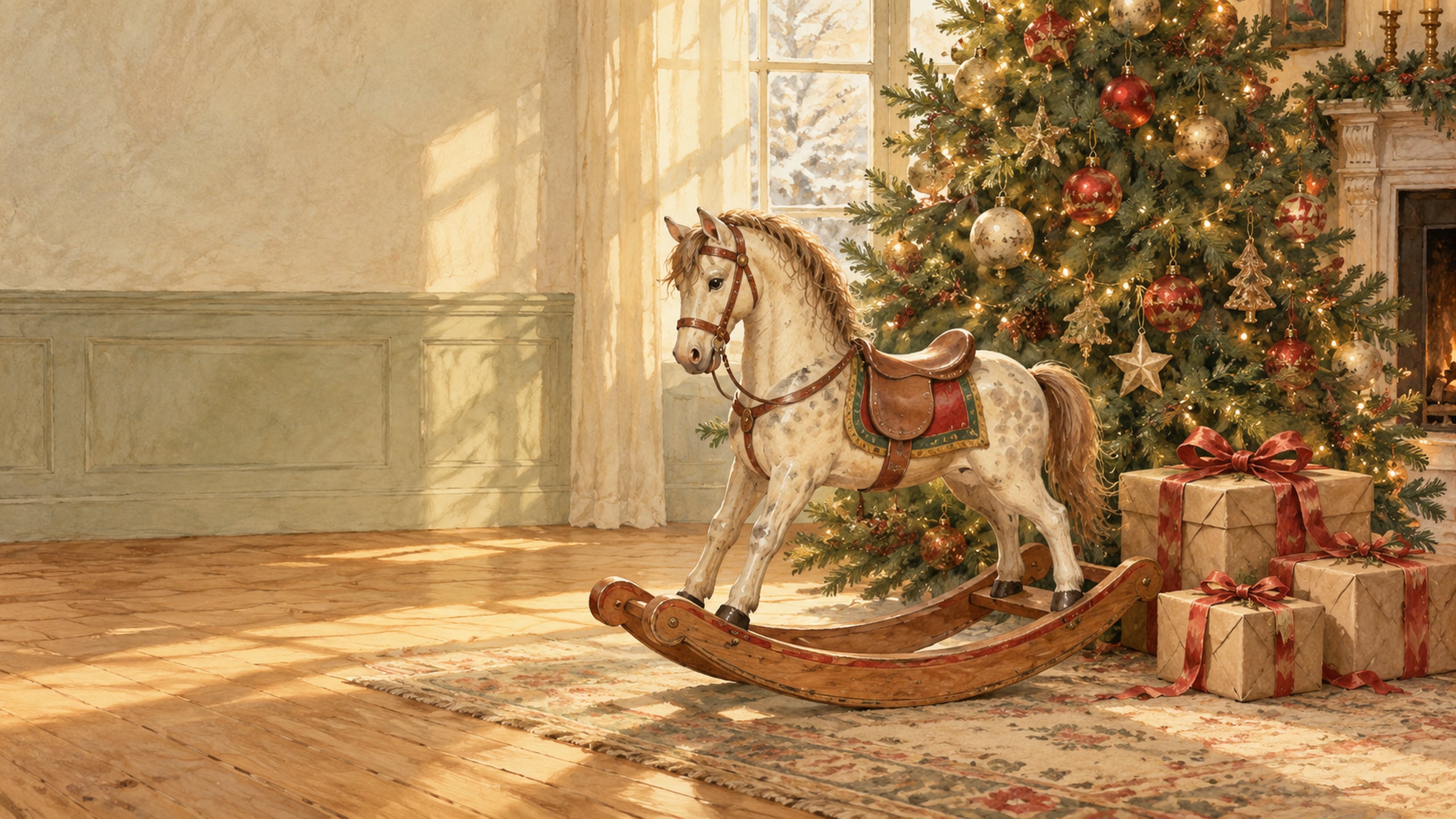 Wooden rocking horse beside a glowing Christmas tree and brown paper gifts tied with red ribbon.