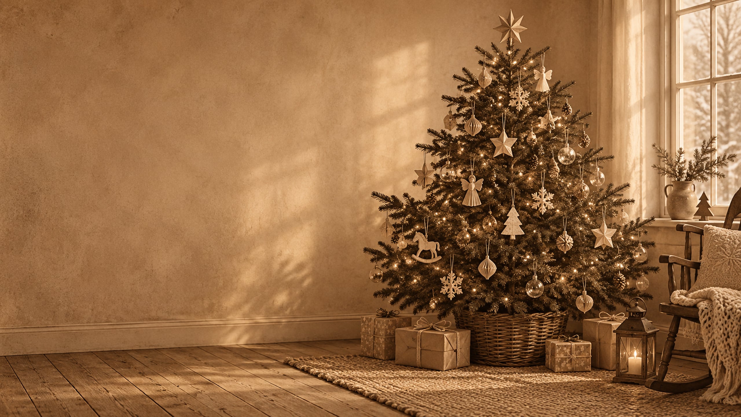 Sepia-toned Christmas tree decorated with paper ornaments, glass baubles and tiny lights beside wrapped gifts.