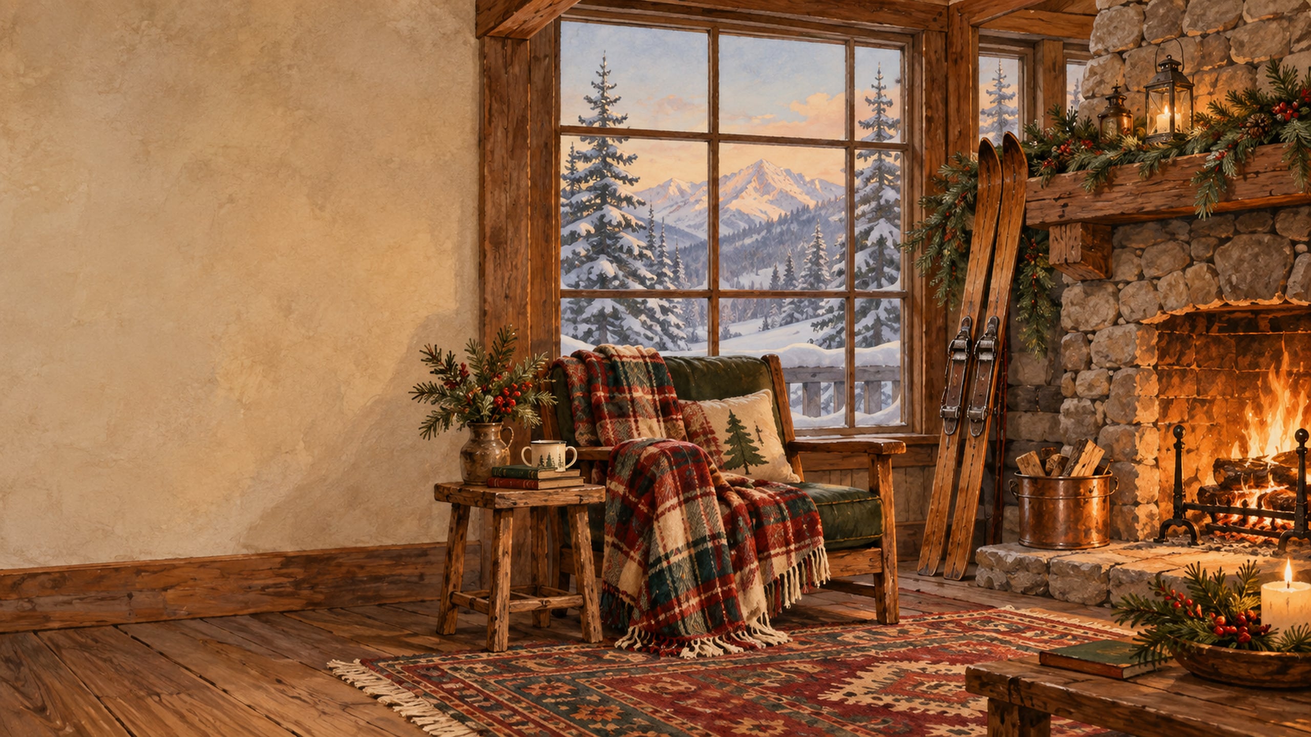 Cosy ski lodge with a stone fireplace, wooden skis and a plaid blanket on a green chair beside a snowy window.