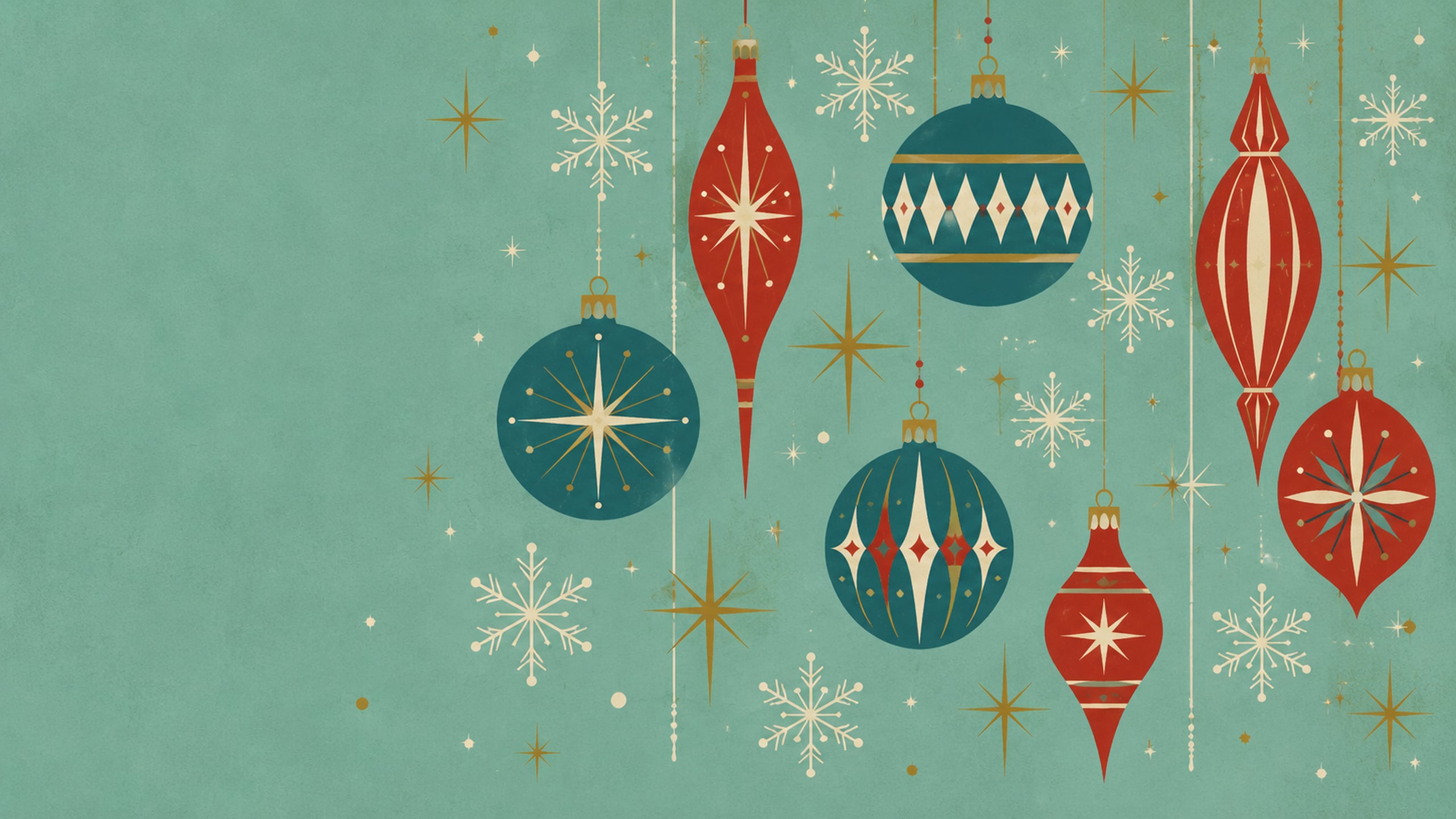 Mid-century Christmas design with teal and red ornaments, cream snowflakes and gold starbursts on a pale teal background.
